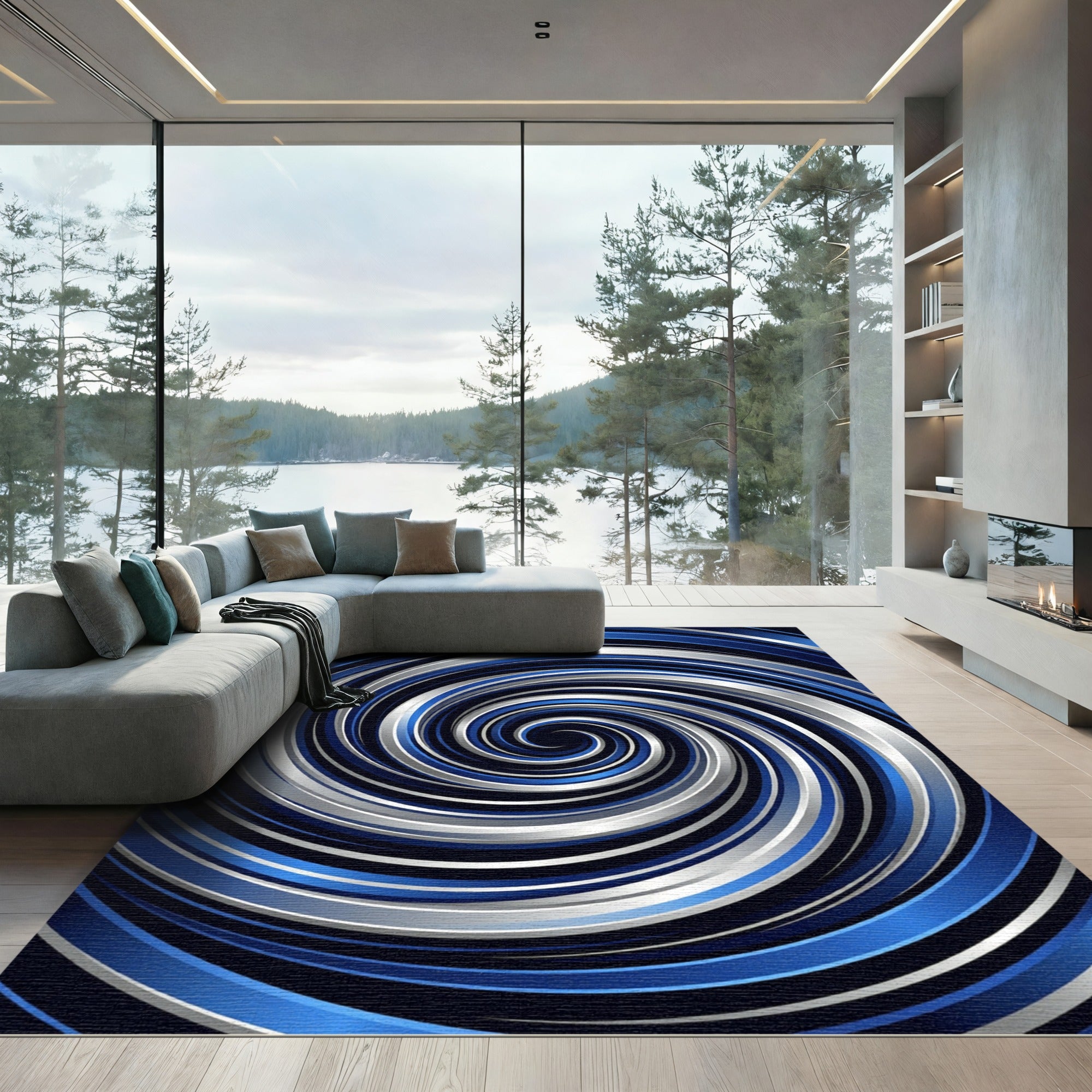 Sleek Galactic Blue And Silver Swirl Rug
