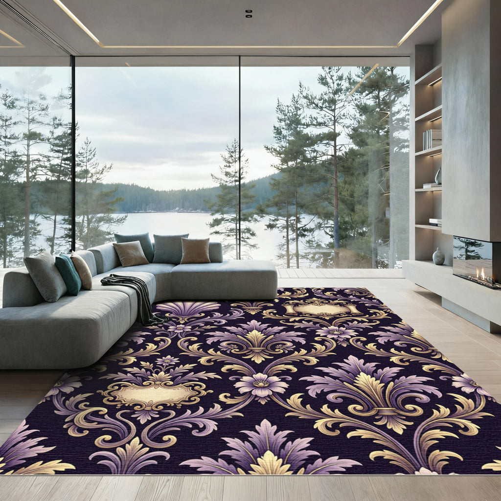 Ornate Purple Gold Damask Scroll Rug