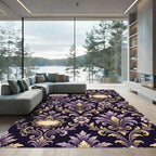 Ornate Purple Gold Damask Scroll Rug