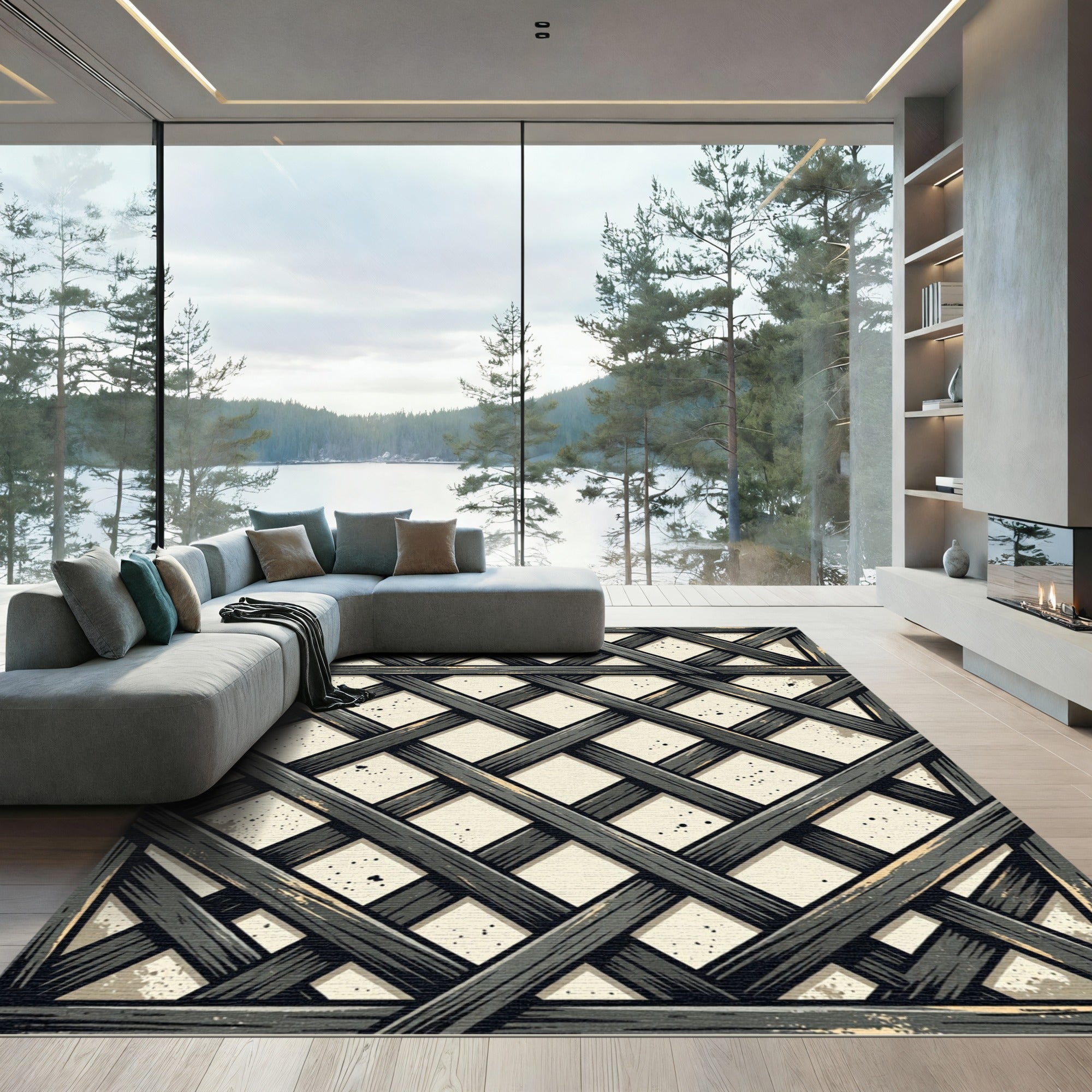 Charcoal Gray Woven Lattice Grid Rug