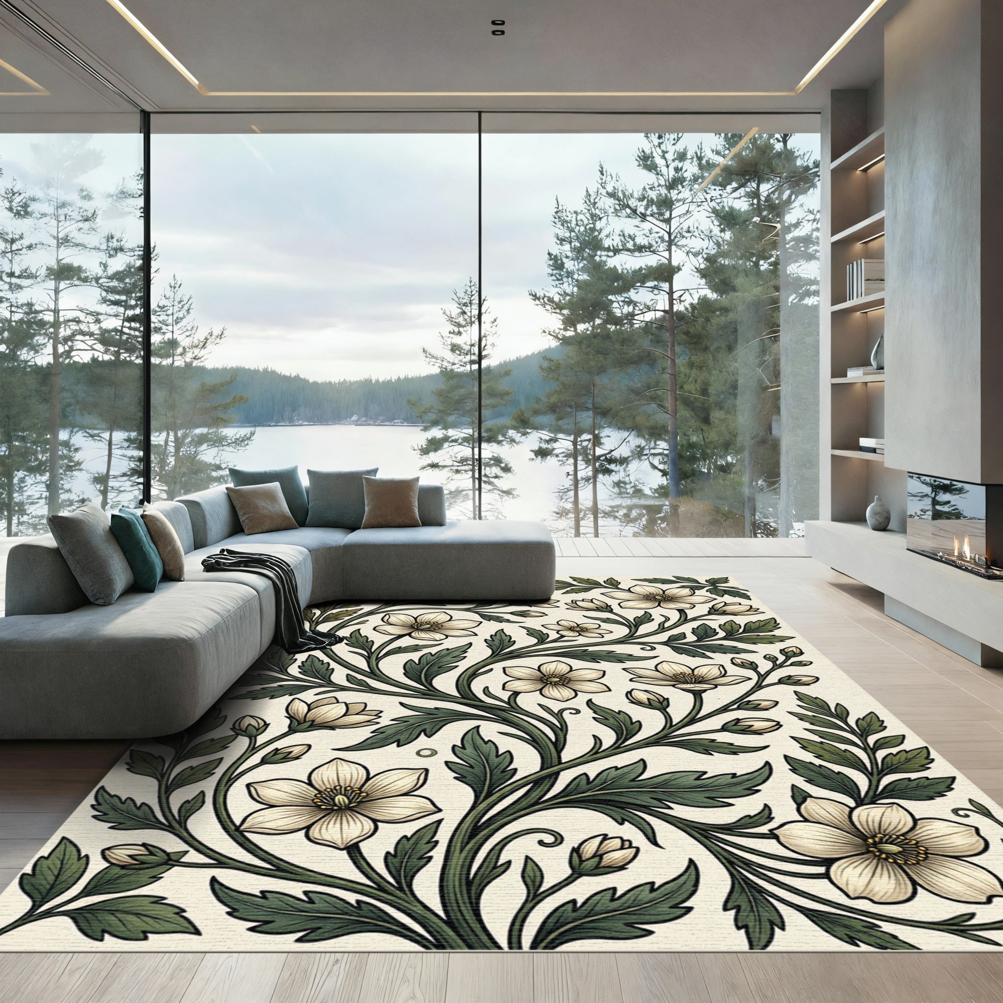 Botanical Cream and Sage Floral Vine Rug