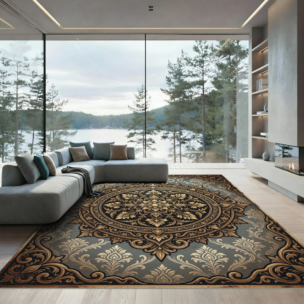Elegant Golden Floral Medallion Charcoal Grey Rug