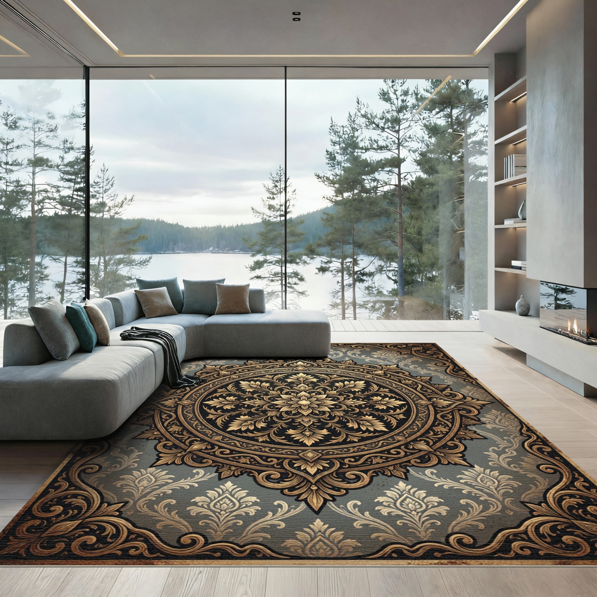 Elegant Golden Floral Medallion Charcoal Grey Rug