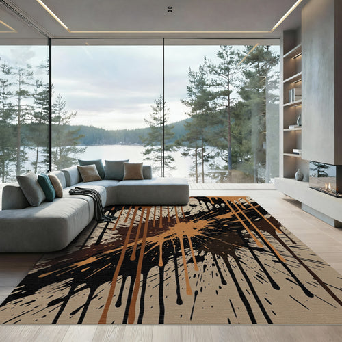 Abstract Black and Tan Liquid Drip Rug