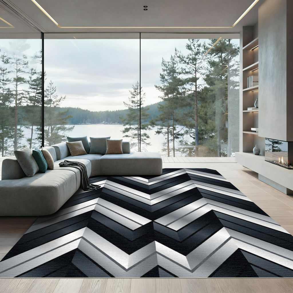 Metallic Silver and Black Geometric Chevron Rug
