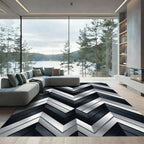 Metallic Silver and Black Geometric Chevron Rug