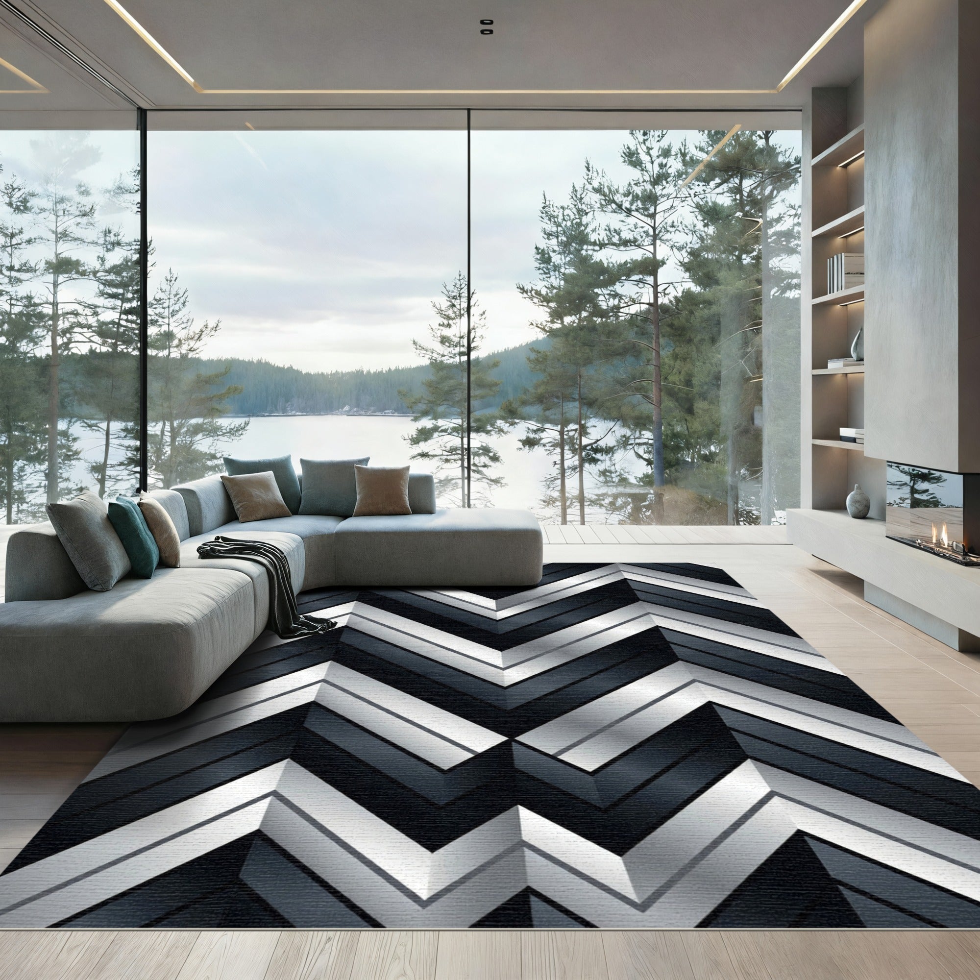 Metallic Silver and Black Geometric Chevron Rug