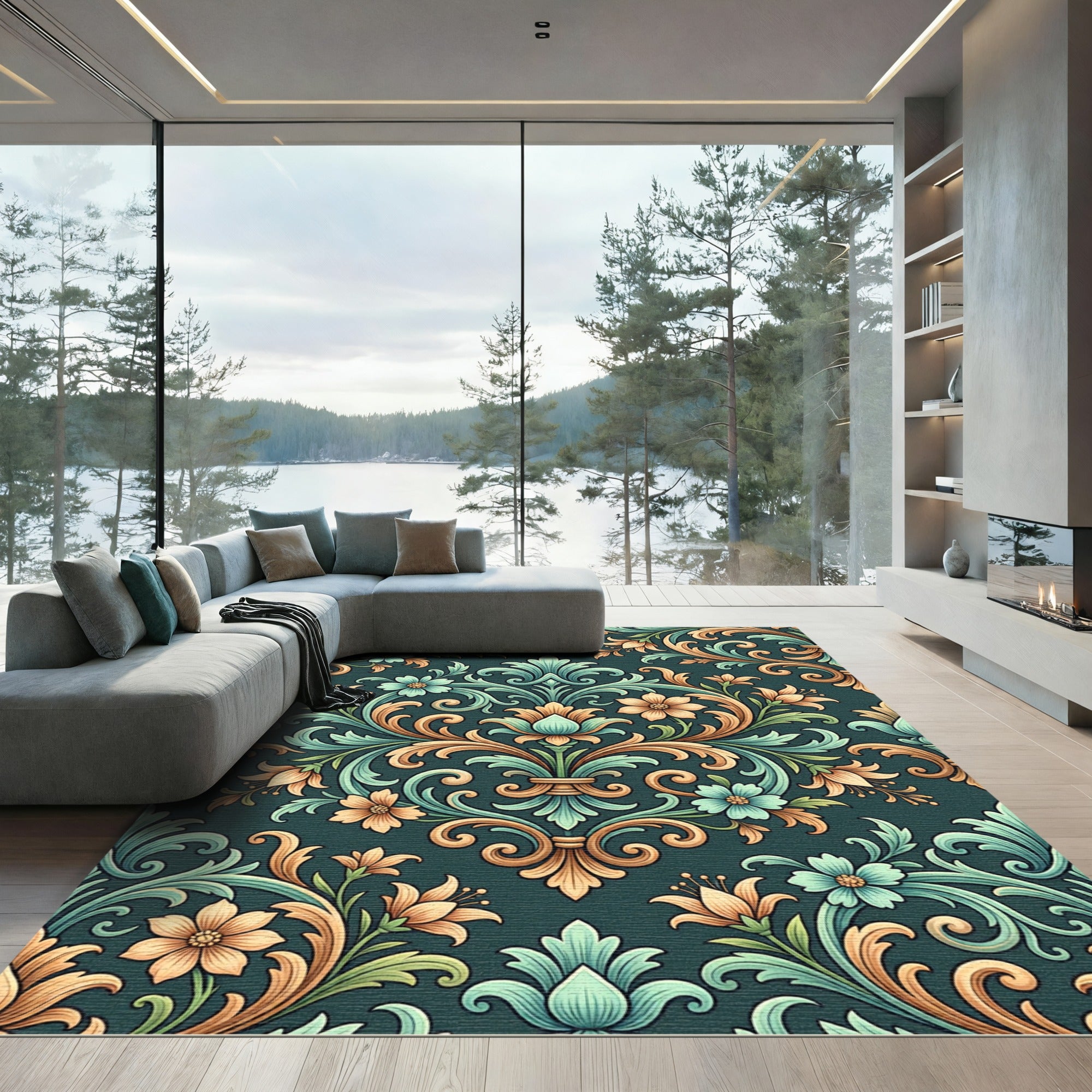 Elegant Teal and Gold Floral Damask Rug