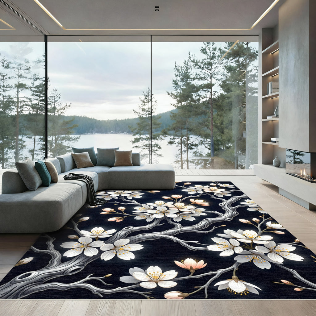 Elegant White Cherry Blossom Branch Rug