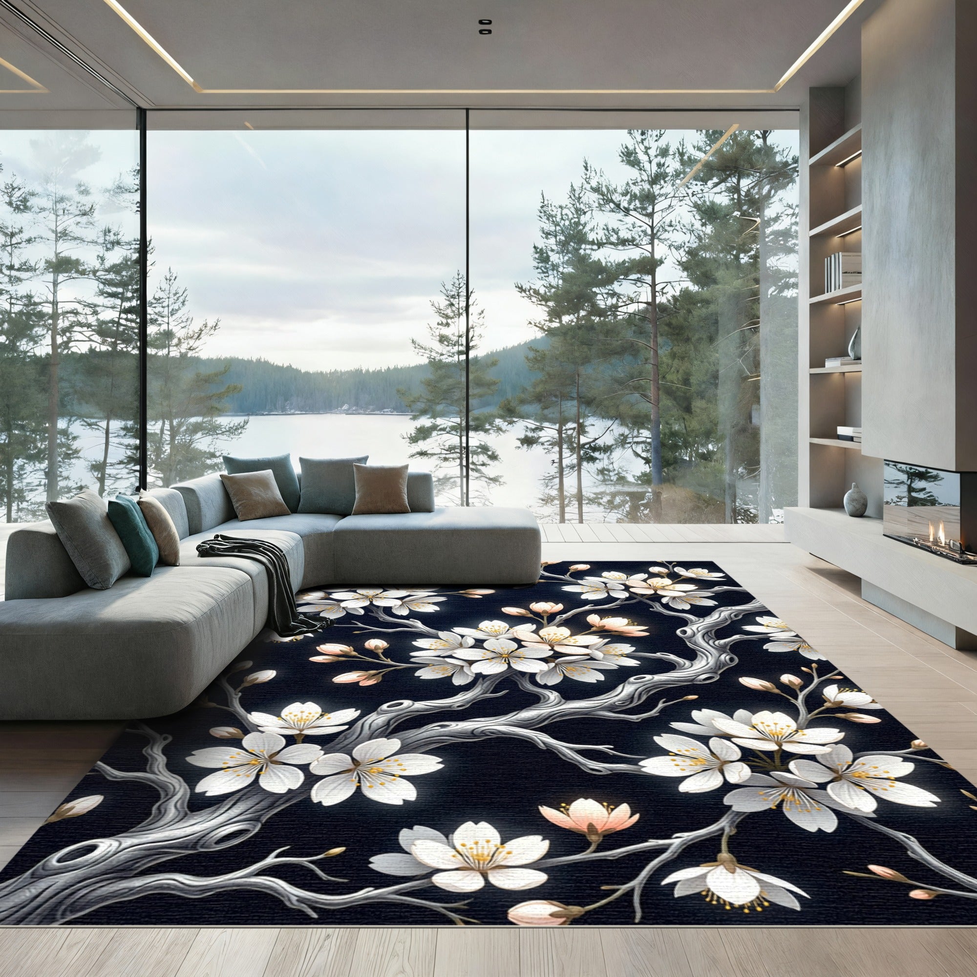 Elegant White Cherry Blossom Branch Rug