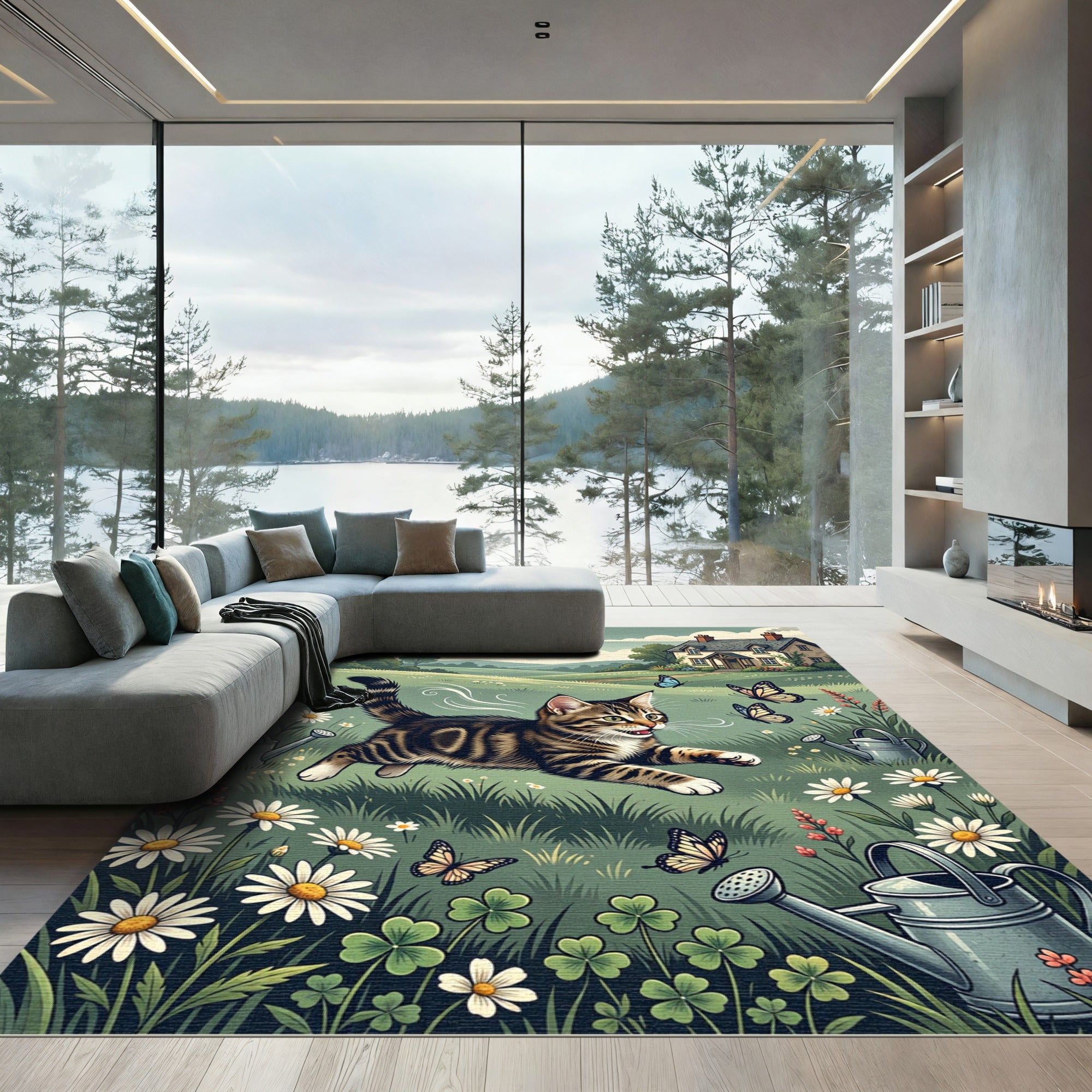 Whimsical Tabby Kitten Butterfly Garden Rug