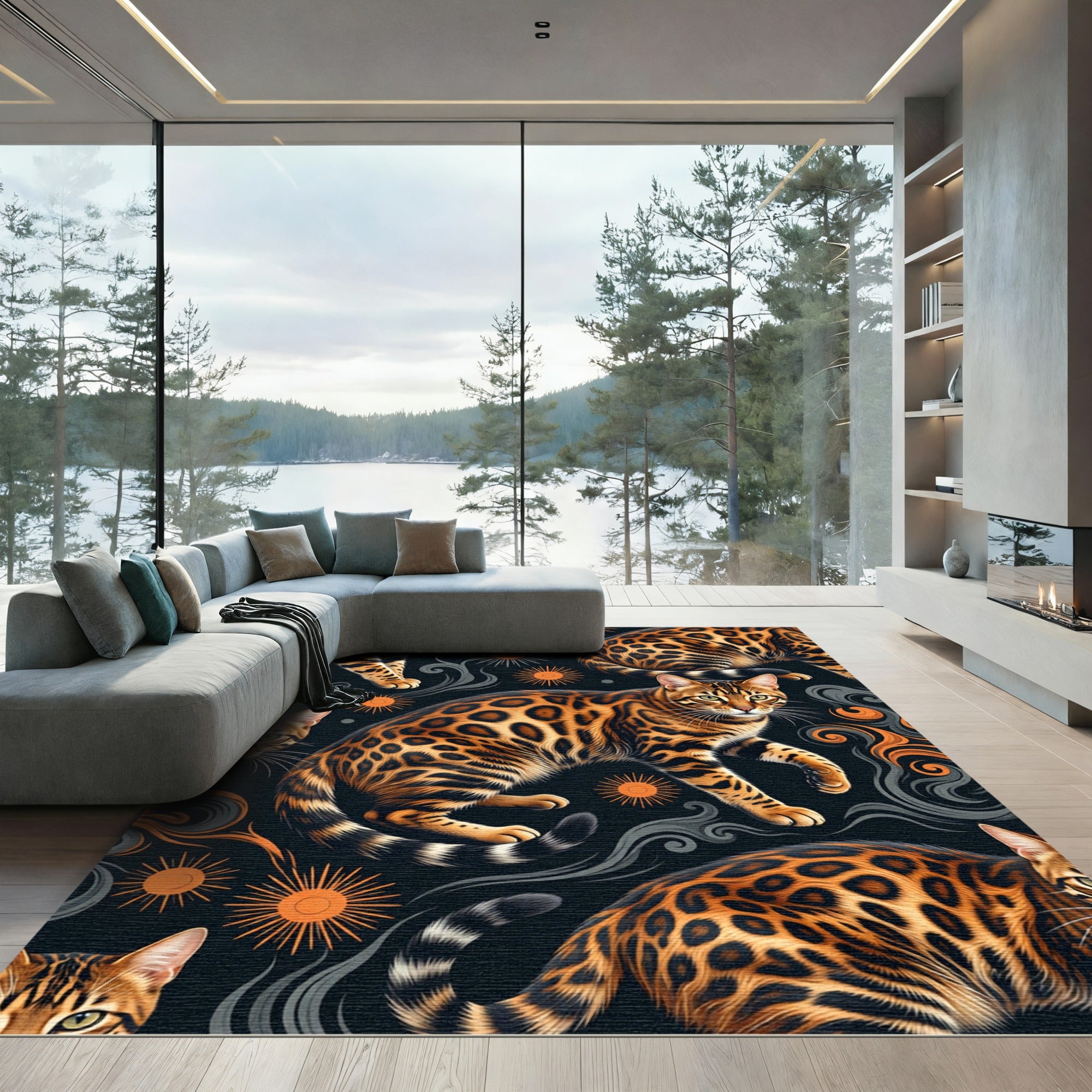 Celestial Bengal Leopard Sunburst Art Rug