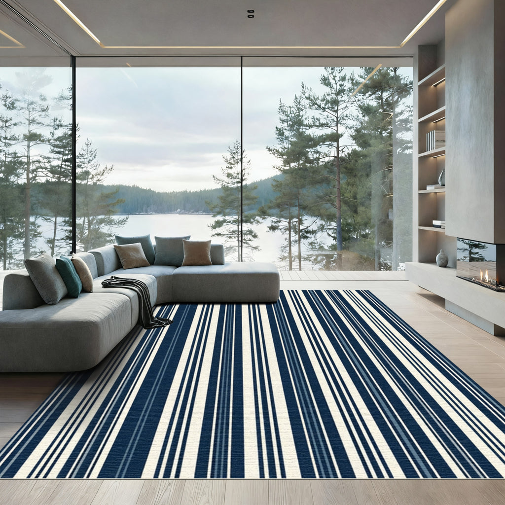 Classic Navy and Cream Pinstripe Rug
