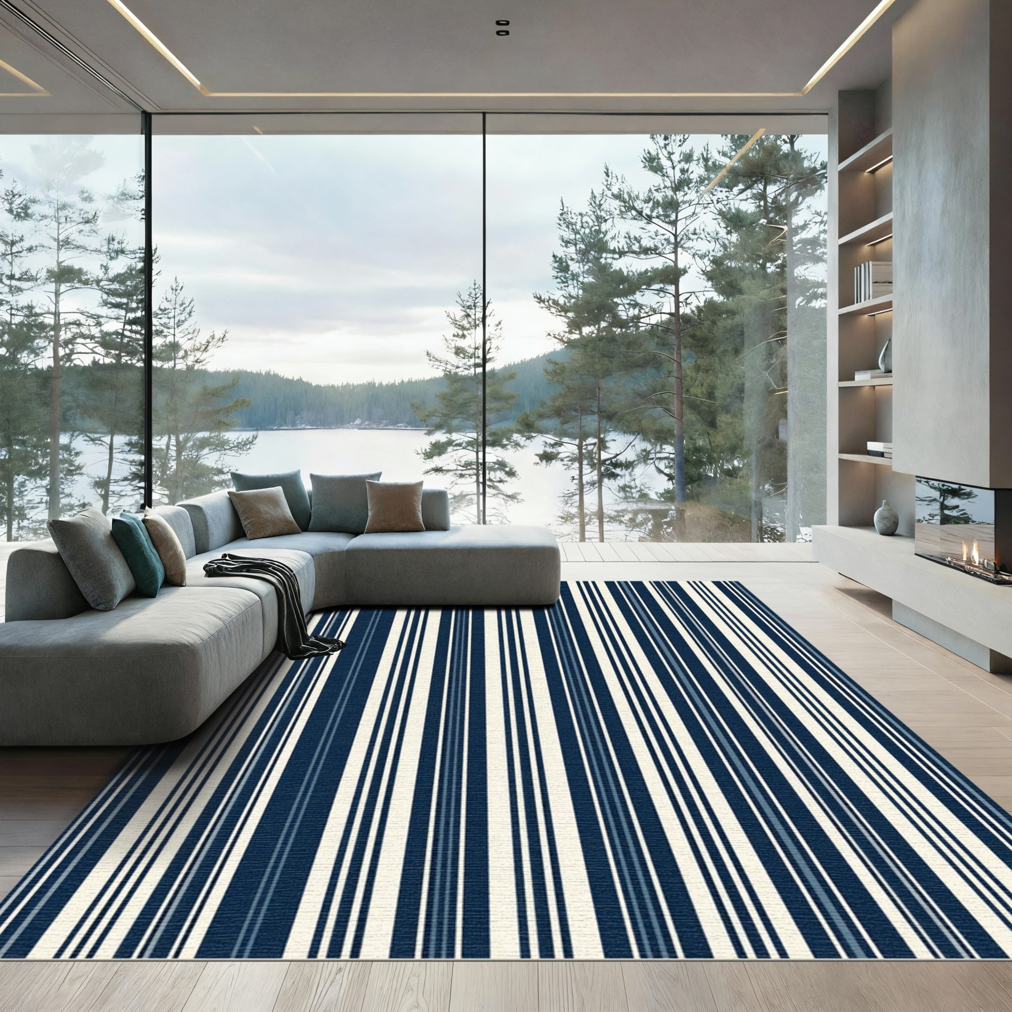 Classic Navy and Cream Pinstripe Rug