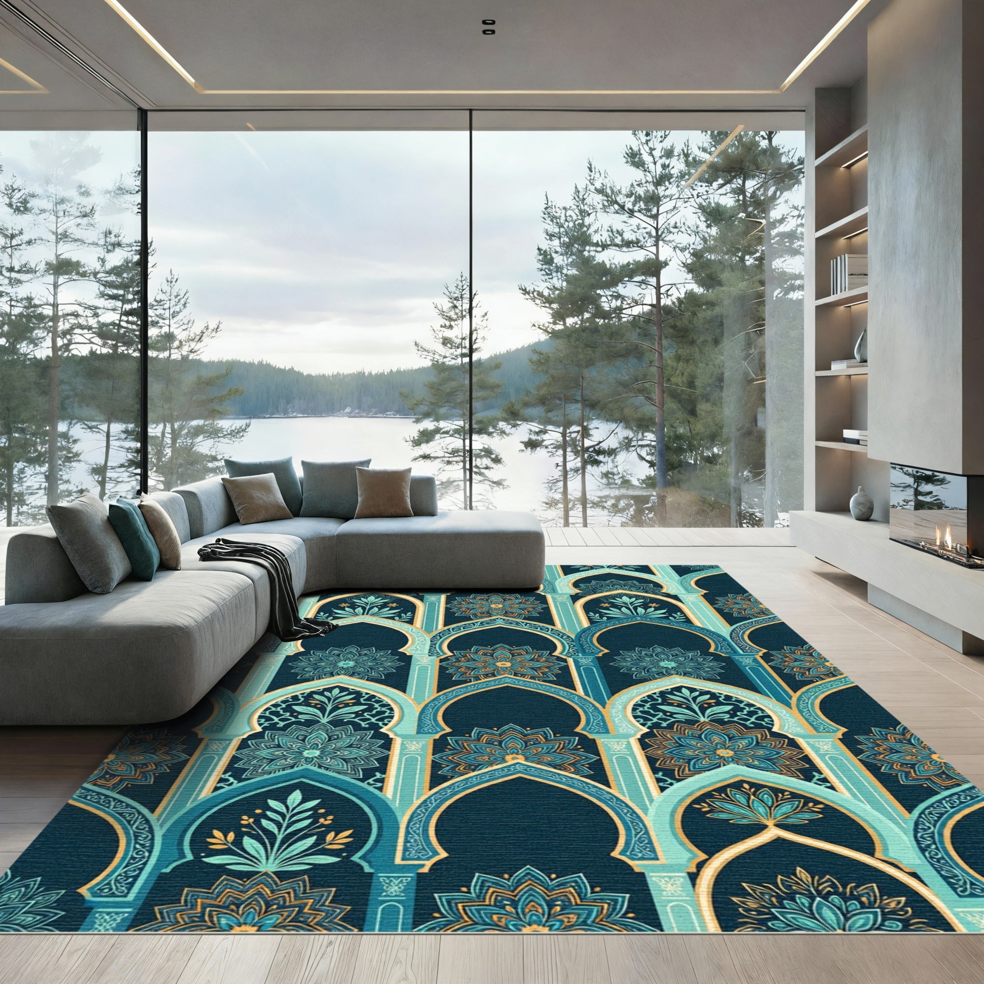 Teal Arch Mandala Lotus Ornate Vault Rug