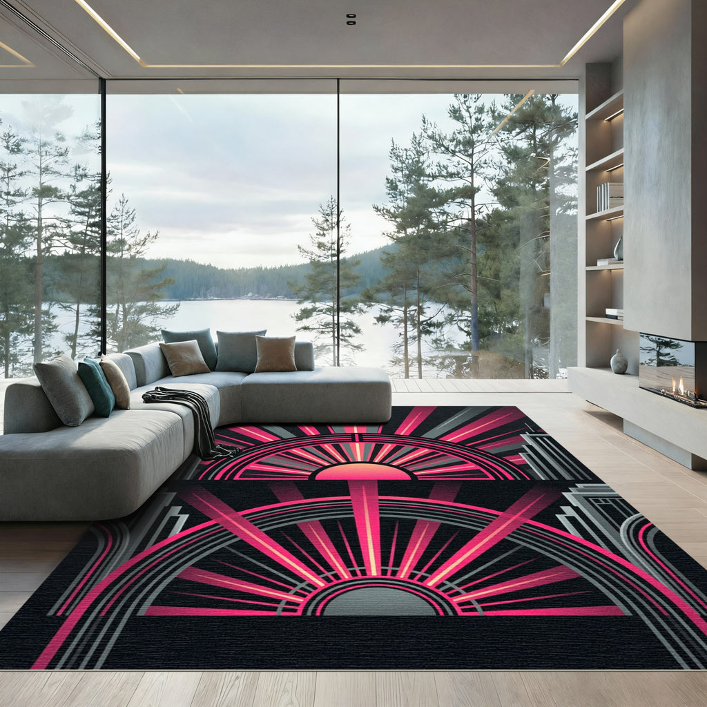 Art Deco Radiant Pink Skyline Abstract Rug