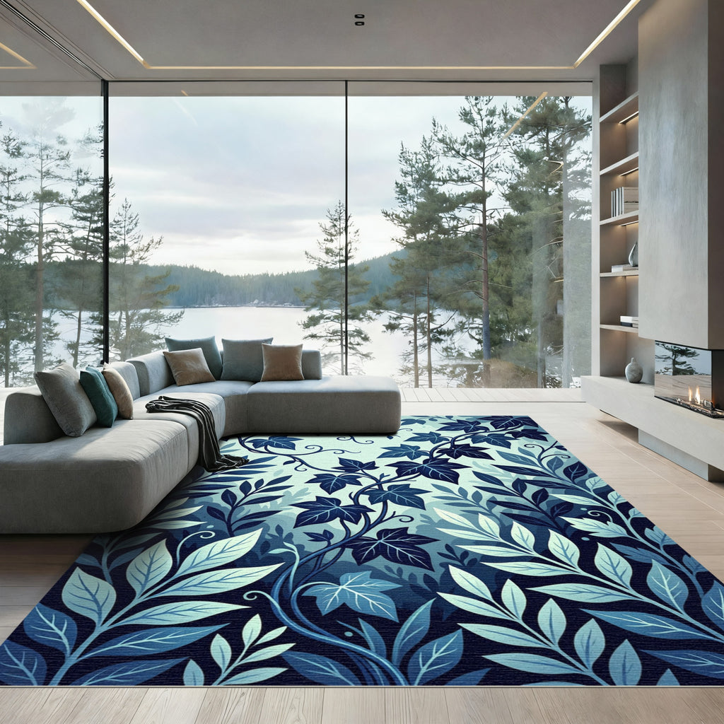 Deep Blue Leafy Vine Swirls Rug
