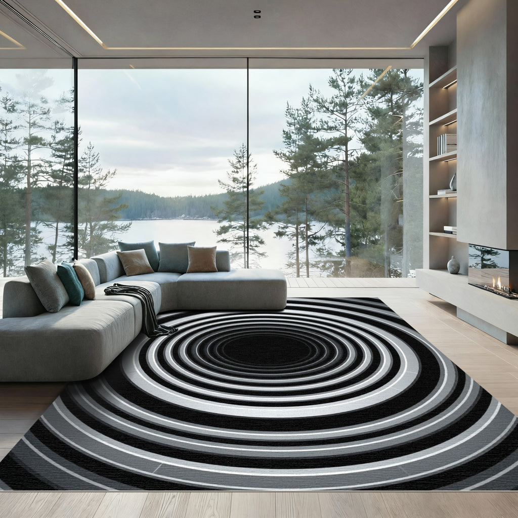 Monochrome Concentric Tunnel Optical Illusion Rug