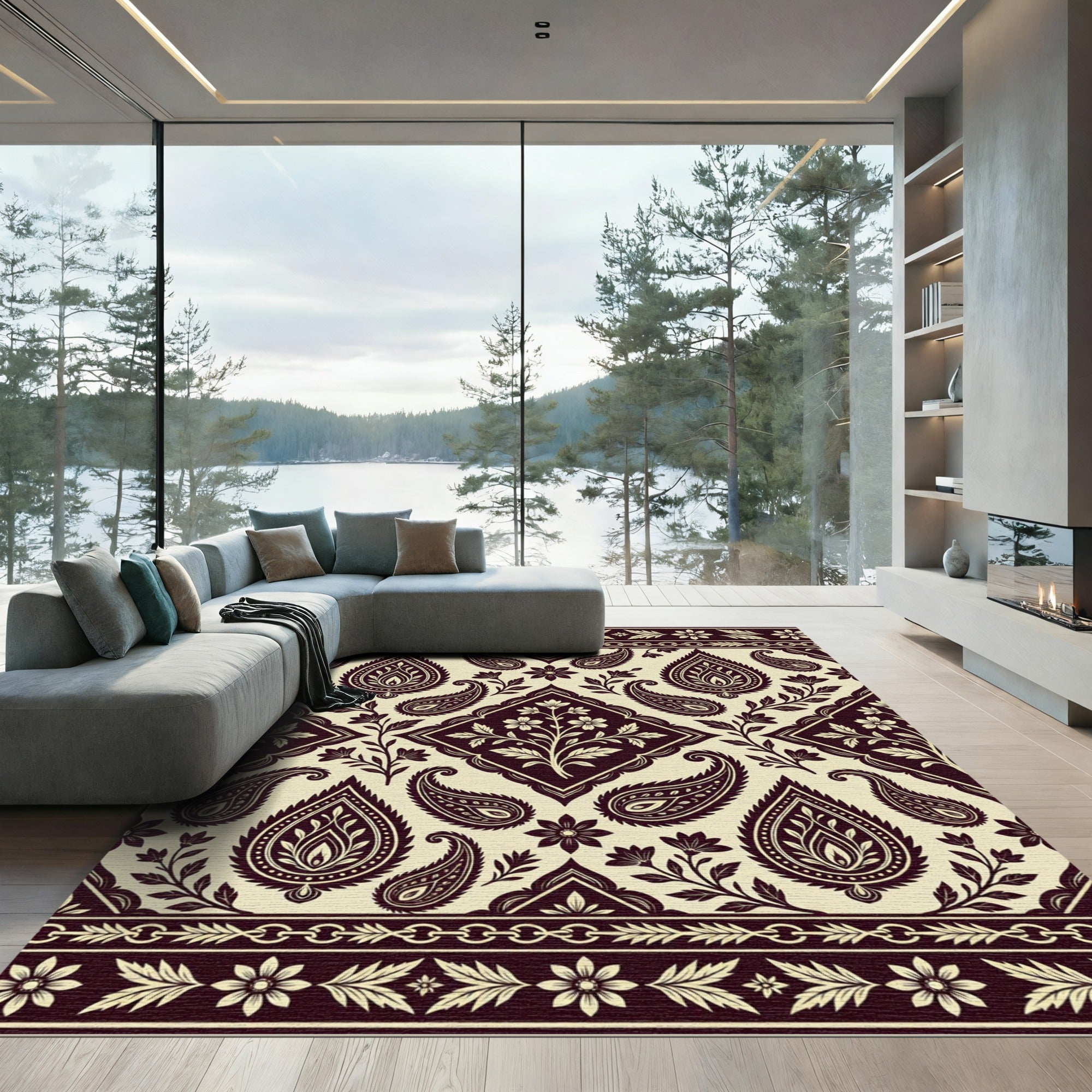 Deep Burgundy Paisley Floral Border Rug