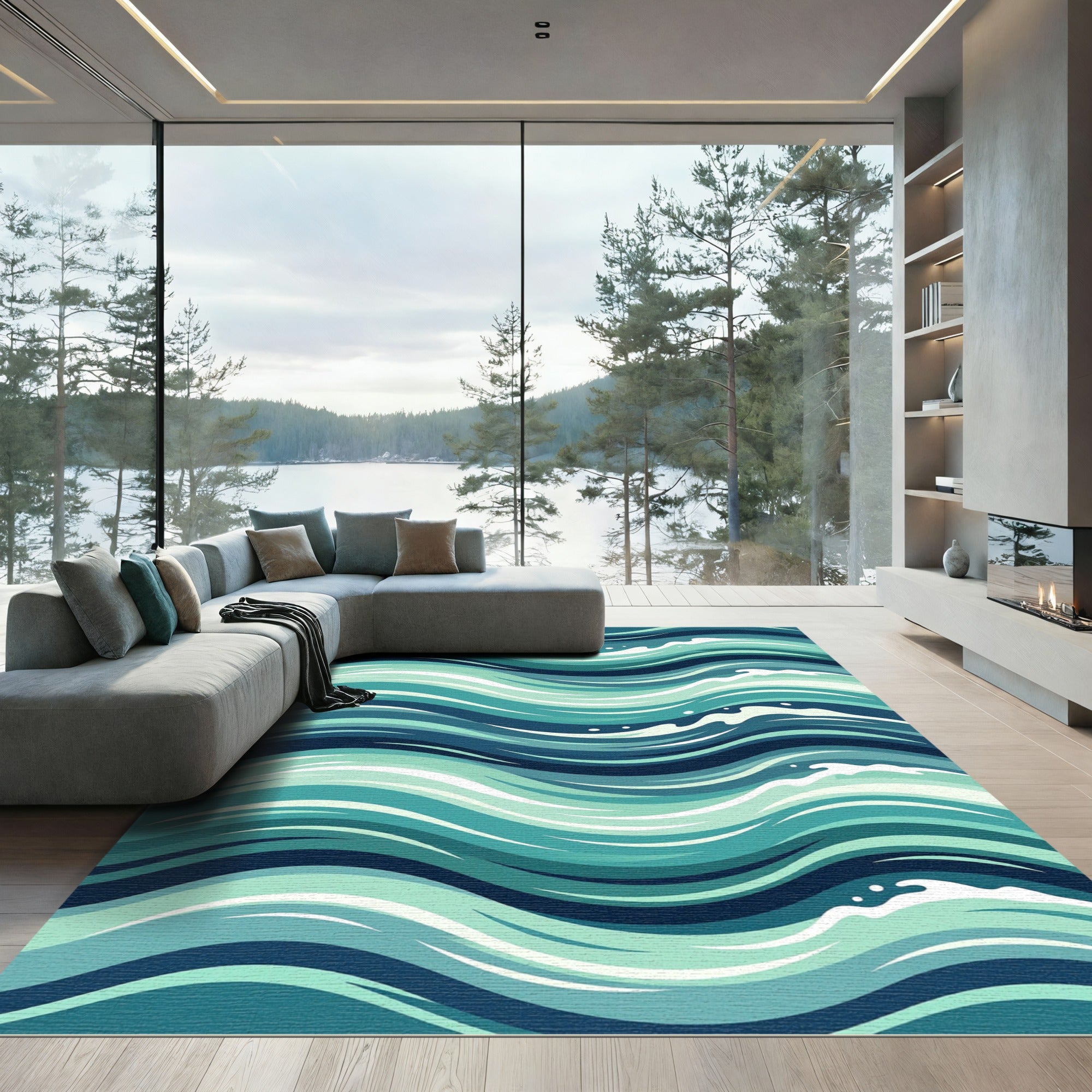 Coastal Teal Blue Abstract Ocean Waves Rug