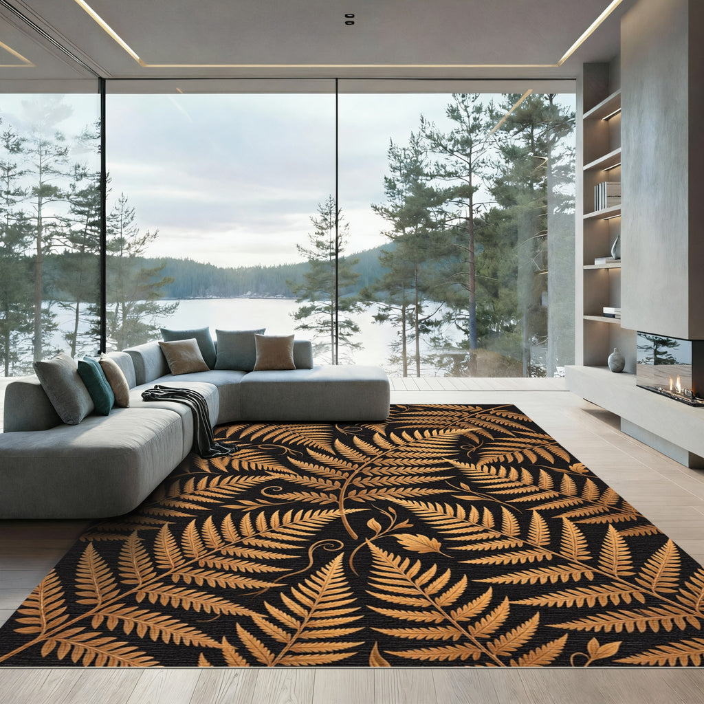 Golden Fern Foliage Rich Black Rug