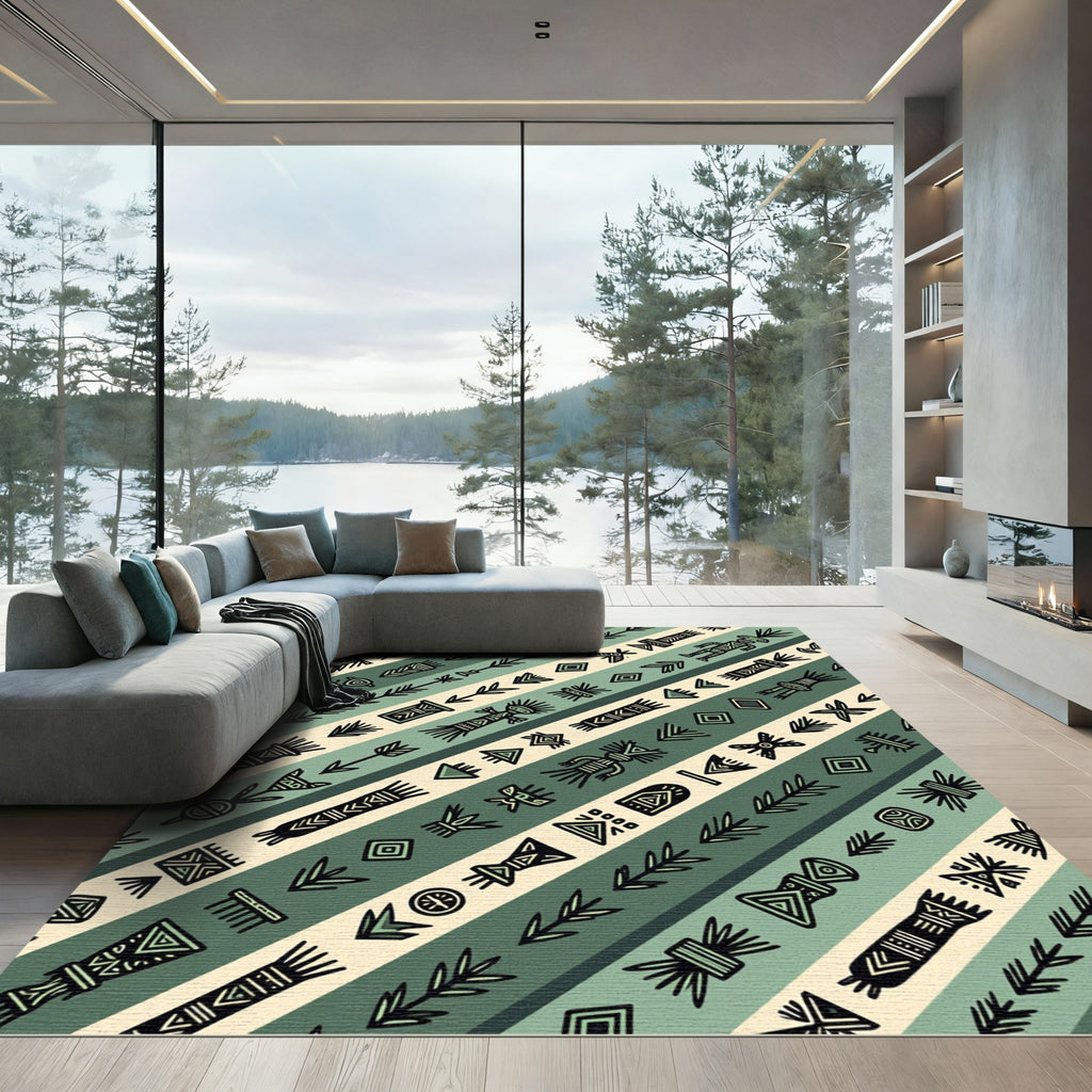 Sage Green Earthy Tribal Geo Stripe Rug