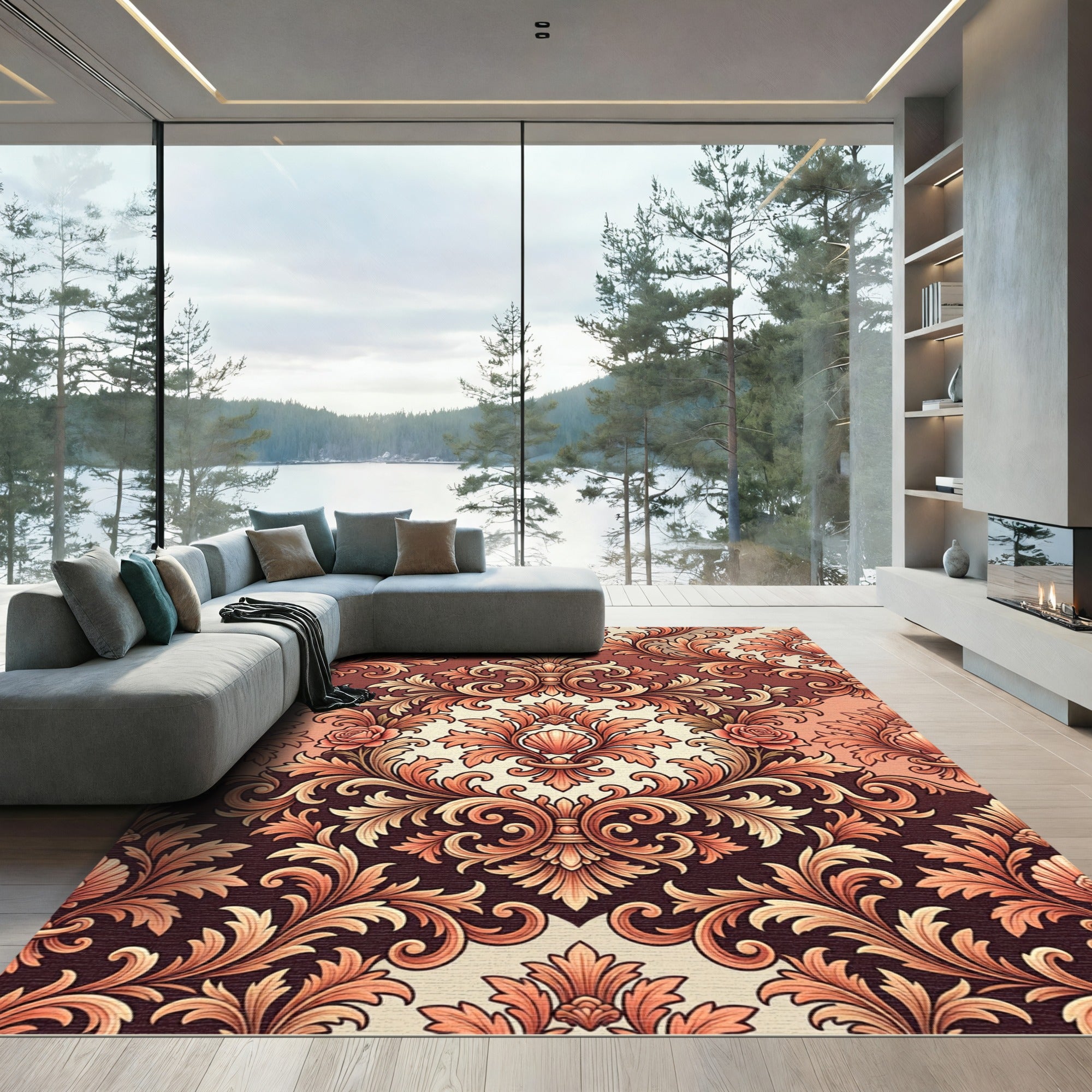 Coral Floral Acanthus Scroll Rug