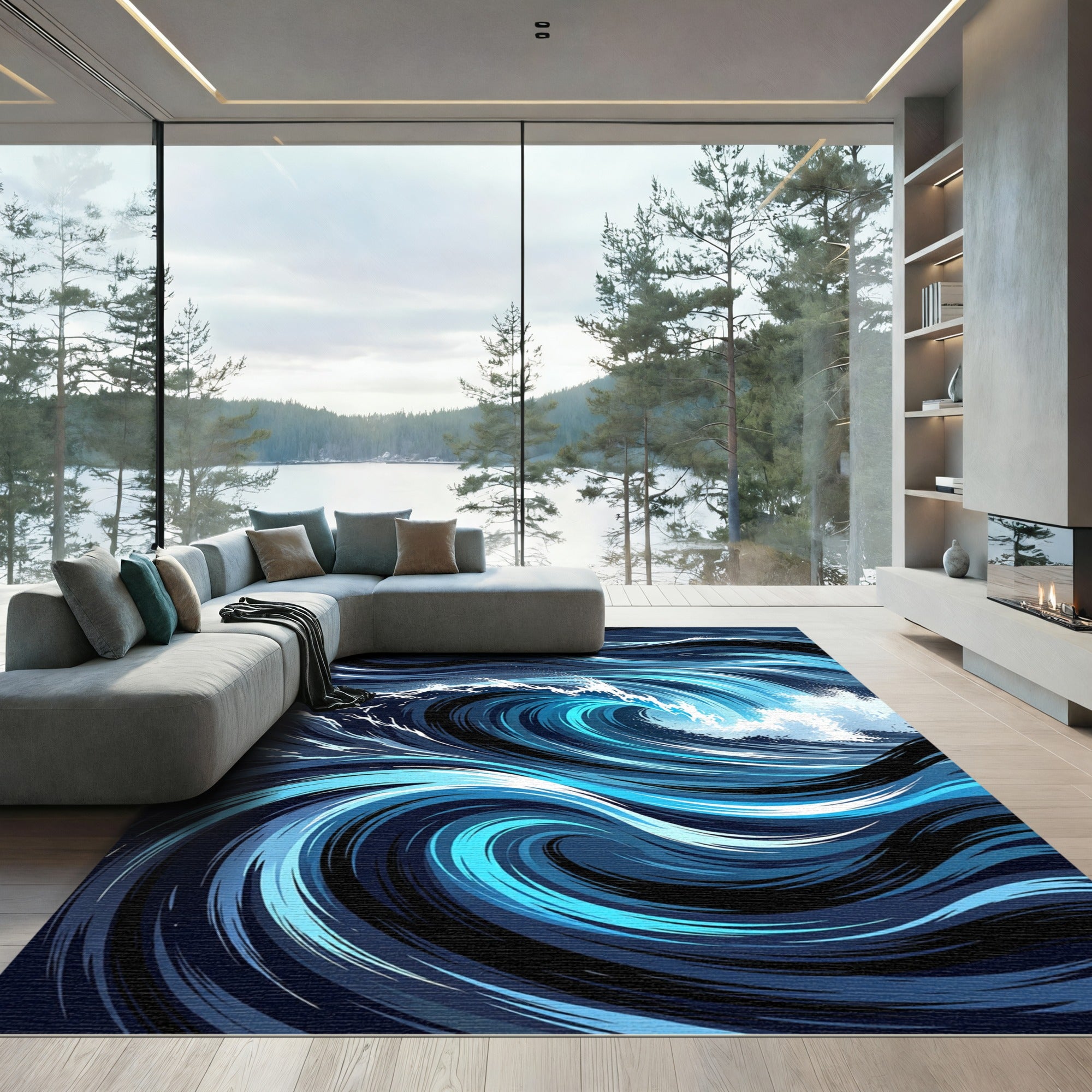 Dynamic Deep Blue Swirling Ocean Wave Rug