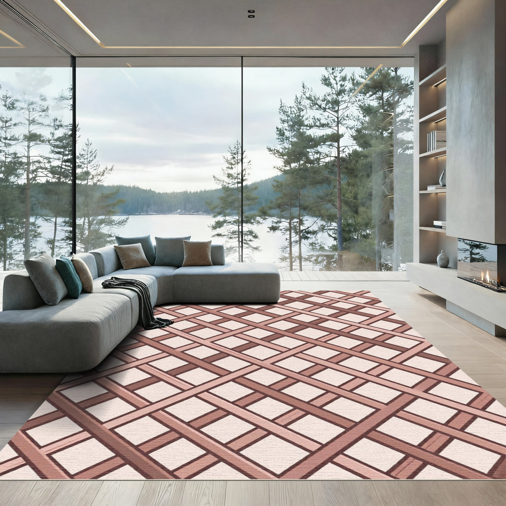 Earthy Brown Intersecting Lattice Grid Rug