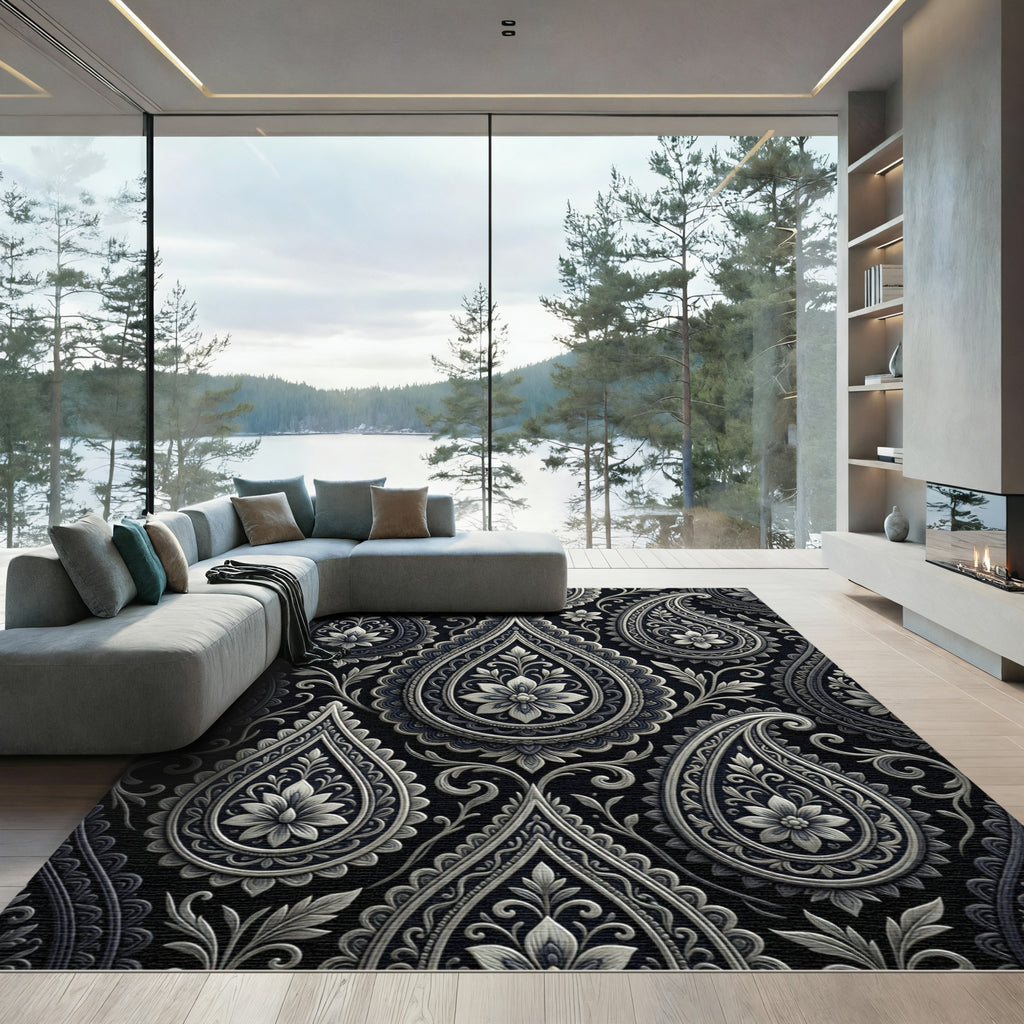 Classic Gray Paisley Floral Embossed Rug