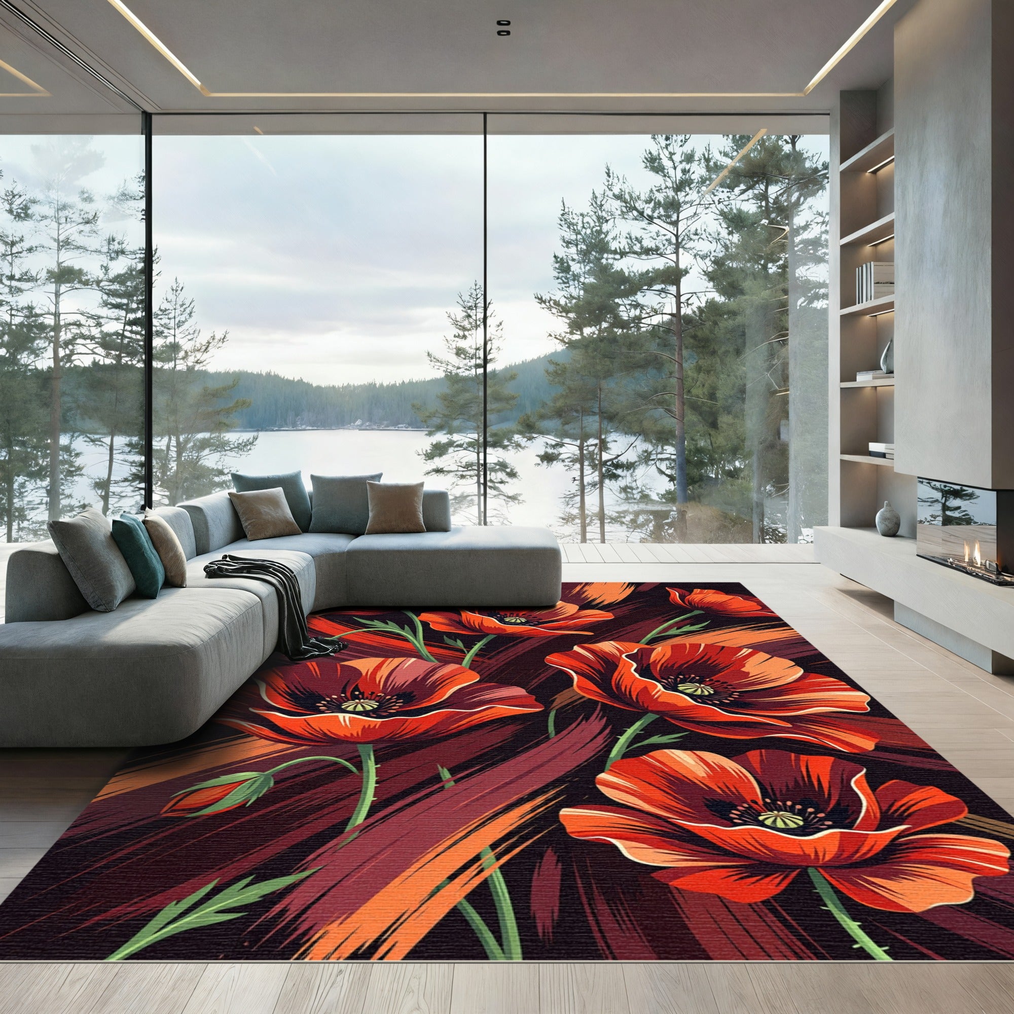 Crimson Poppy Brushstroke Garden Rug