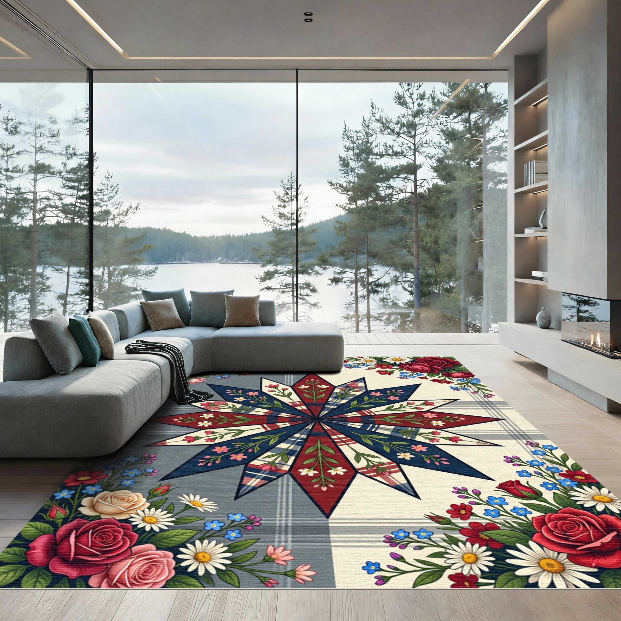 Americana Floral Star Plaid Rug
