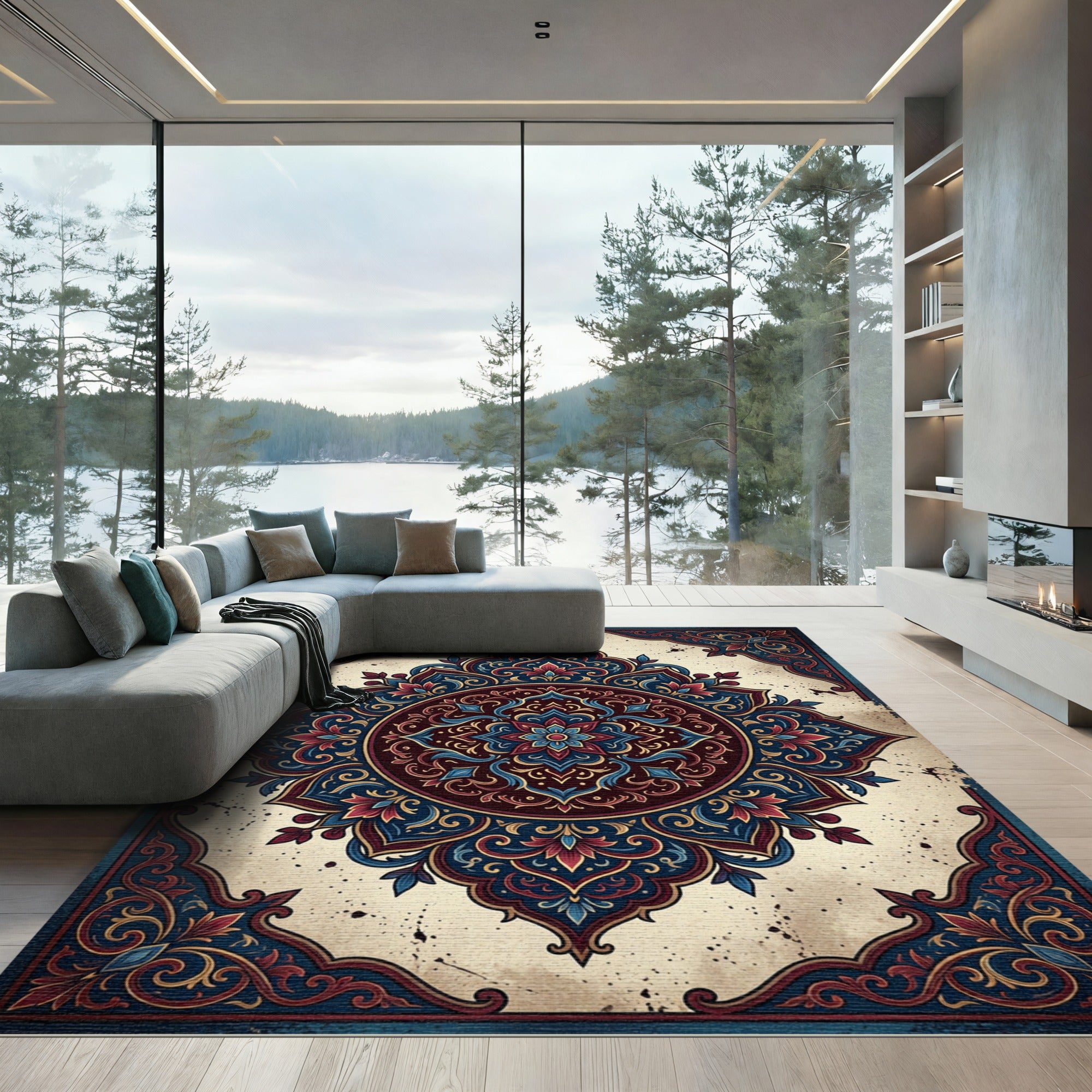 Deep Blue Crimson Floral Medallion Rug