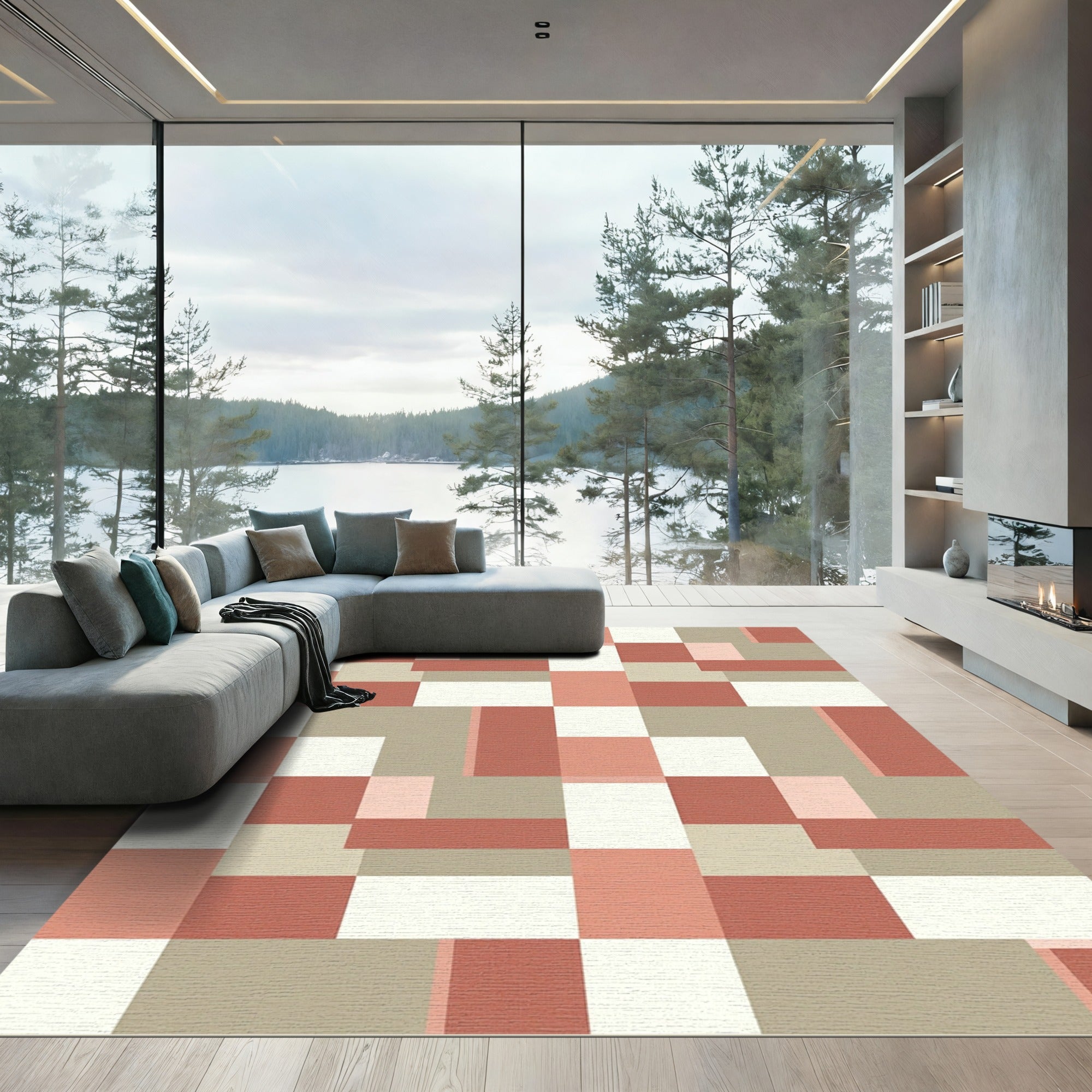 Terracotta Coral Geometric Block Rug