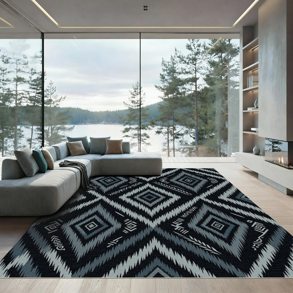 Dark Grey Diamond Zigzag Tribal Rug