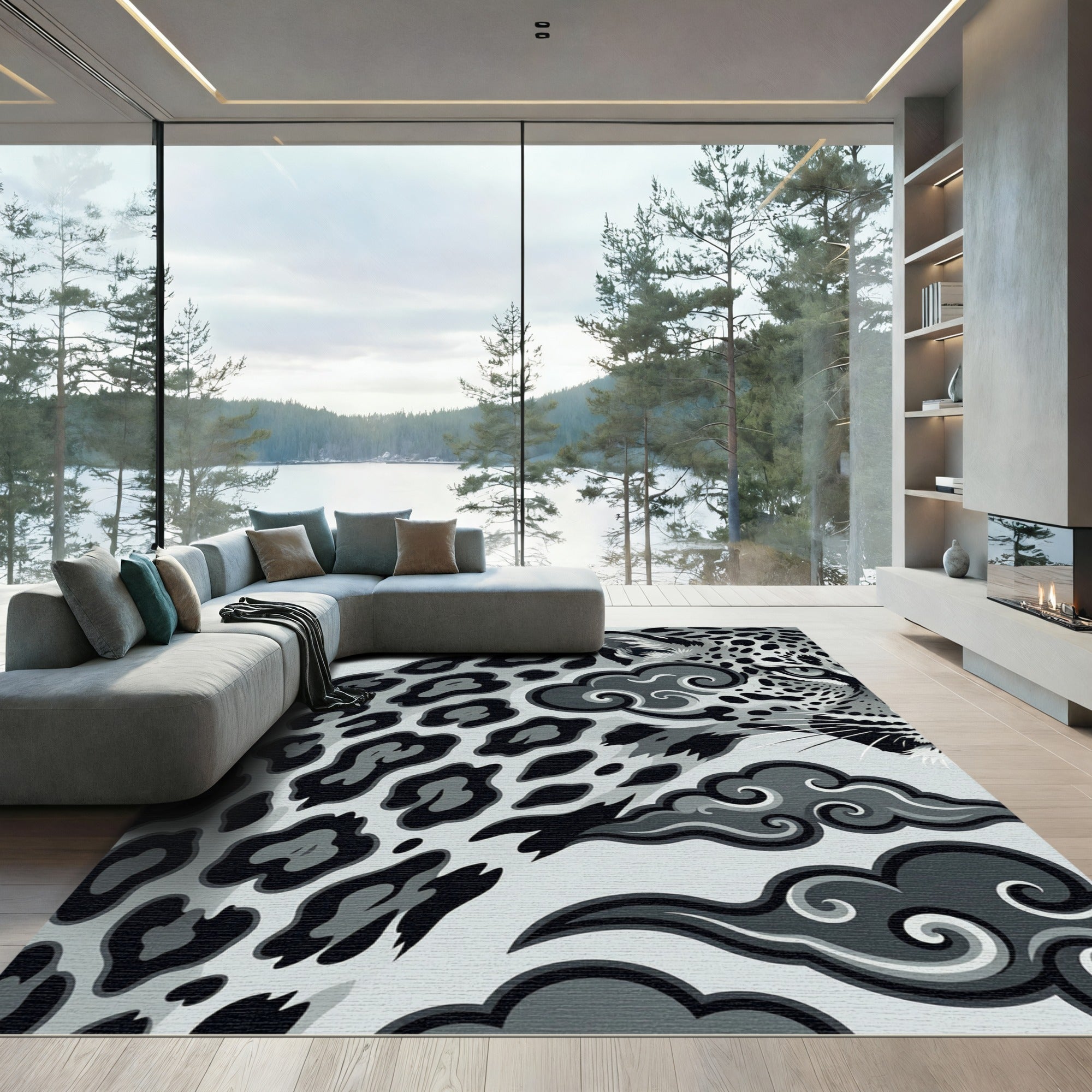Monochromatic Jaguar and Clouds Graphic Art Rug