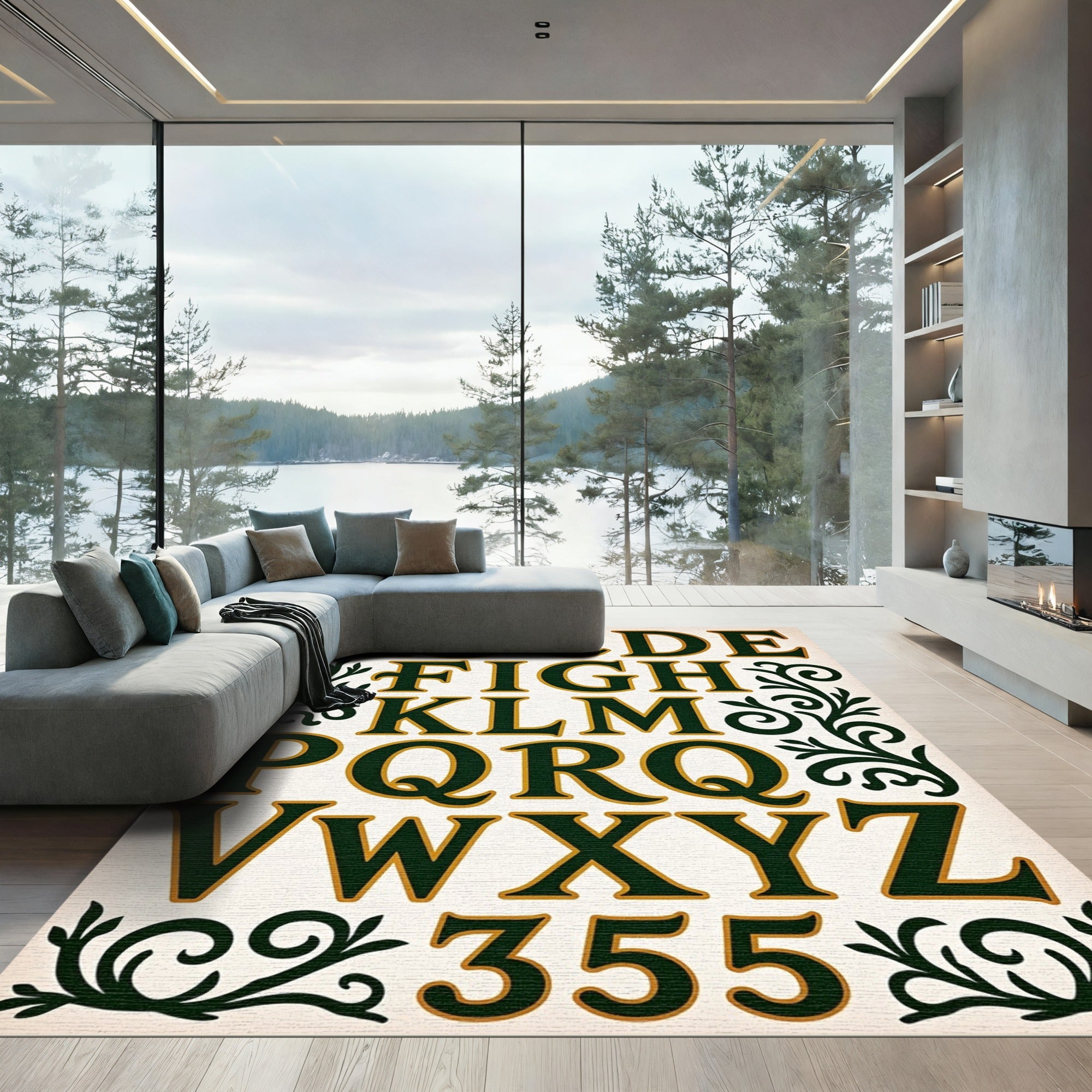 Ornate Emerald Alphabet Scrollwork Rug