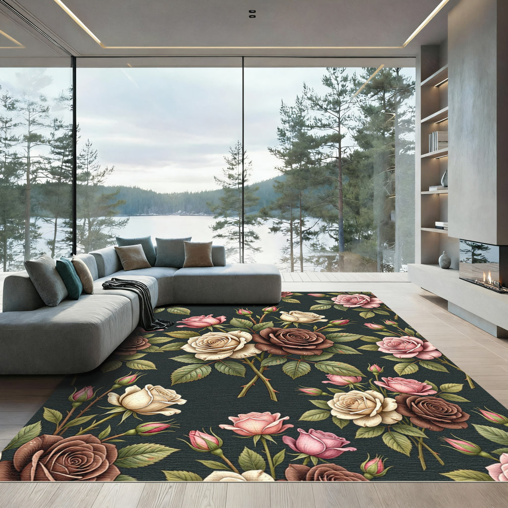 Vintage Pink Brown Cream Roses Garden Rug