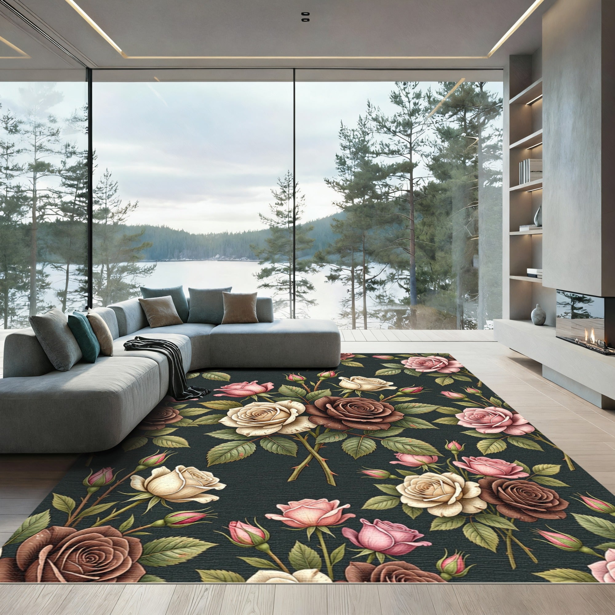 Vintage Pink Brown Cream Roses Garden Rug