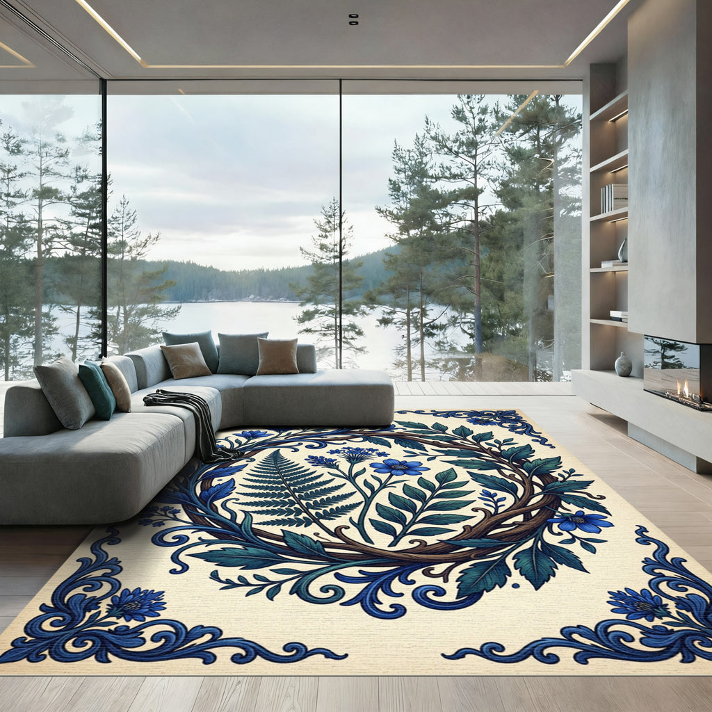 Blue Botanical Wreath with Ferns Rug