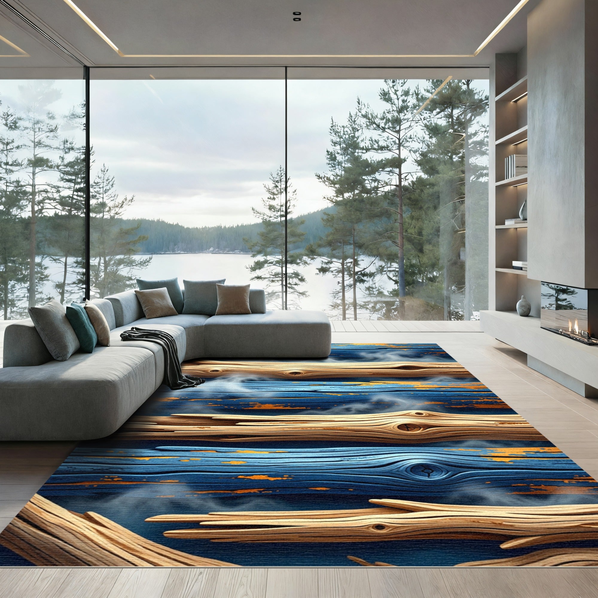 Rustic Blue Wood Grain Horizon Rug