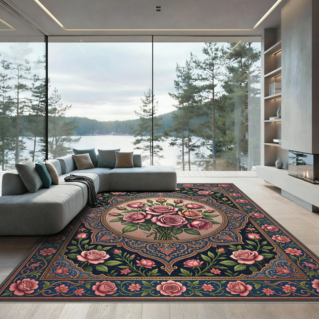 Pink Roses Bouquet Medallion Rug