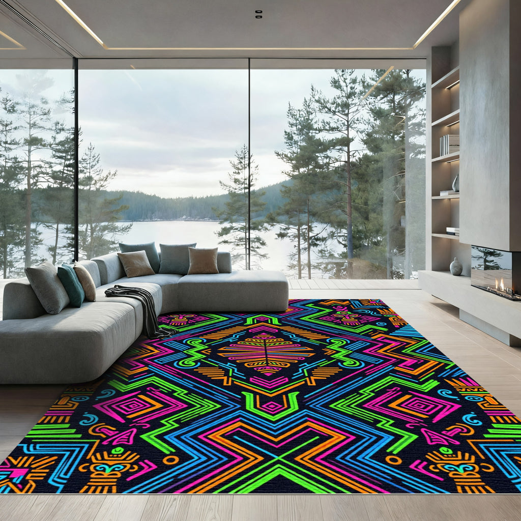 Vibrant Neon Tribal Geometric Art Rug