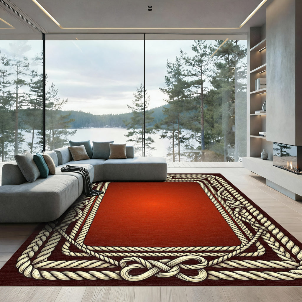 Braided Rope Nautical Border Crimson Rug
