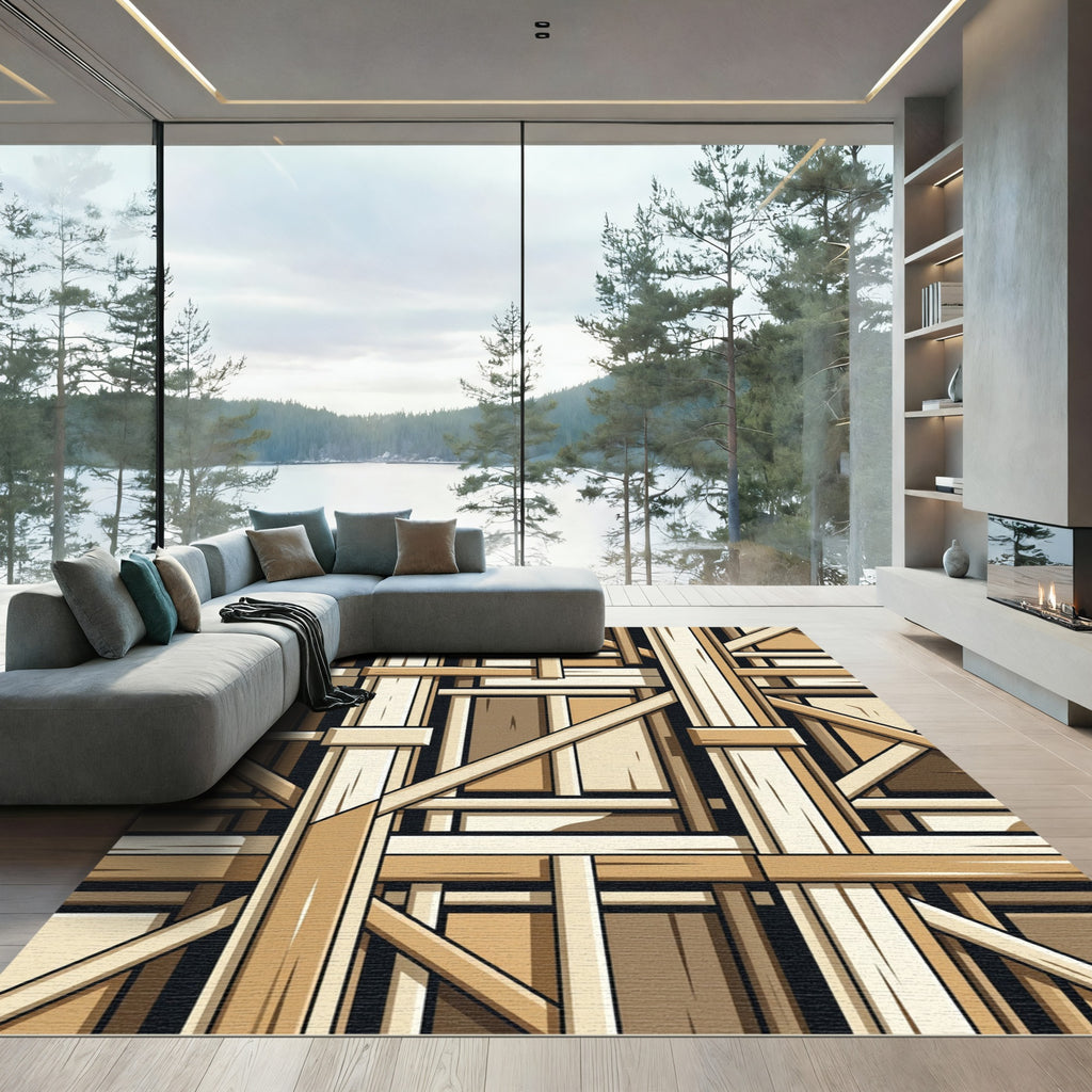 Abstract Wood Grain Geometric Framing Rug