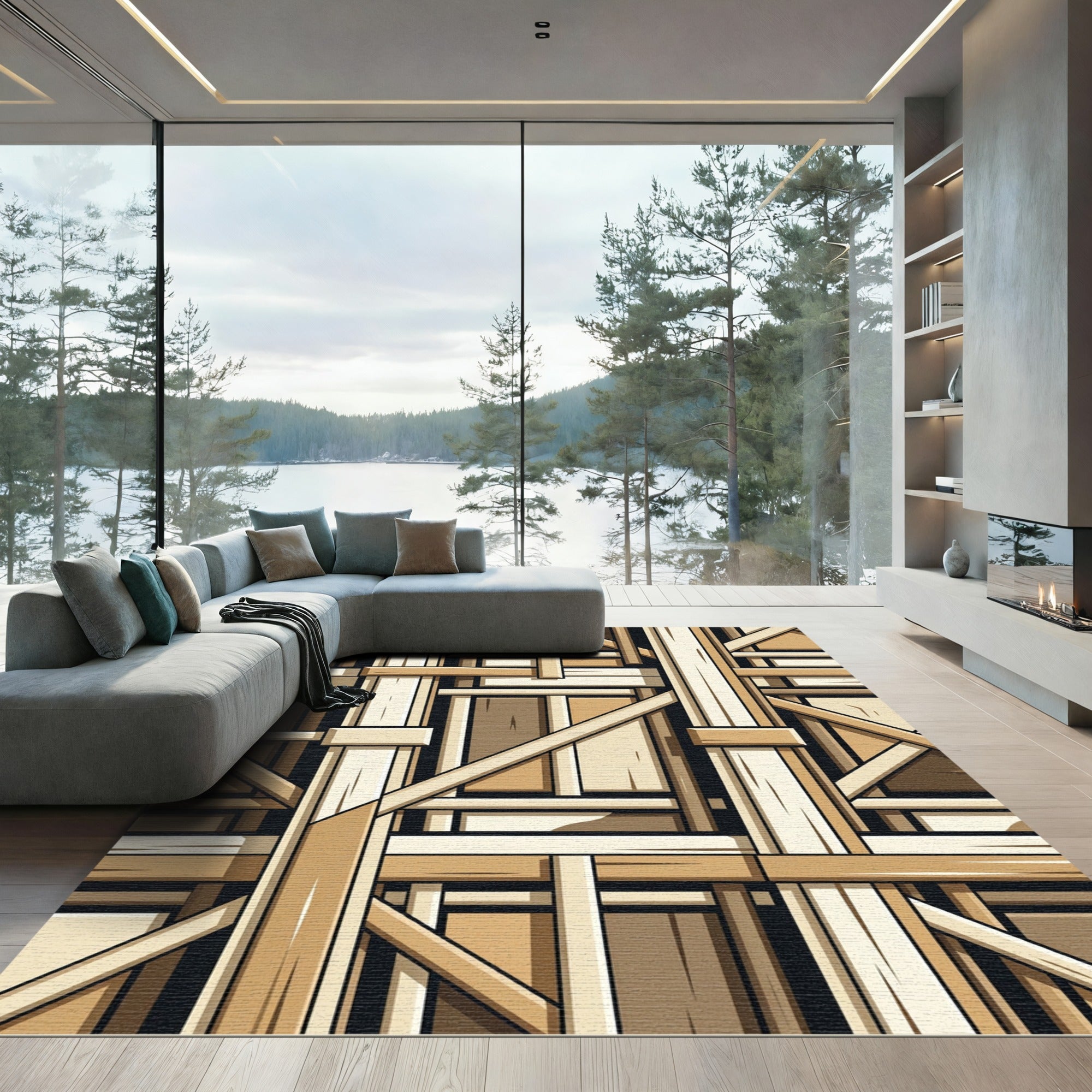 Abstract Wood Grain Geometric Framing Rug