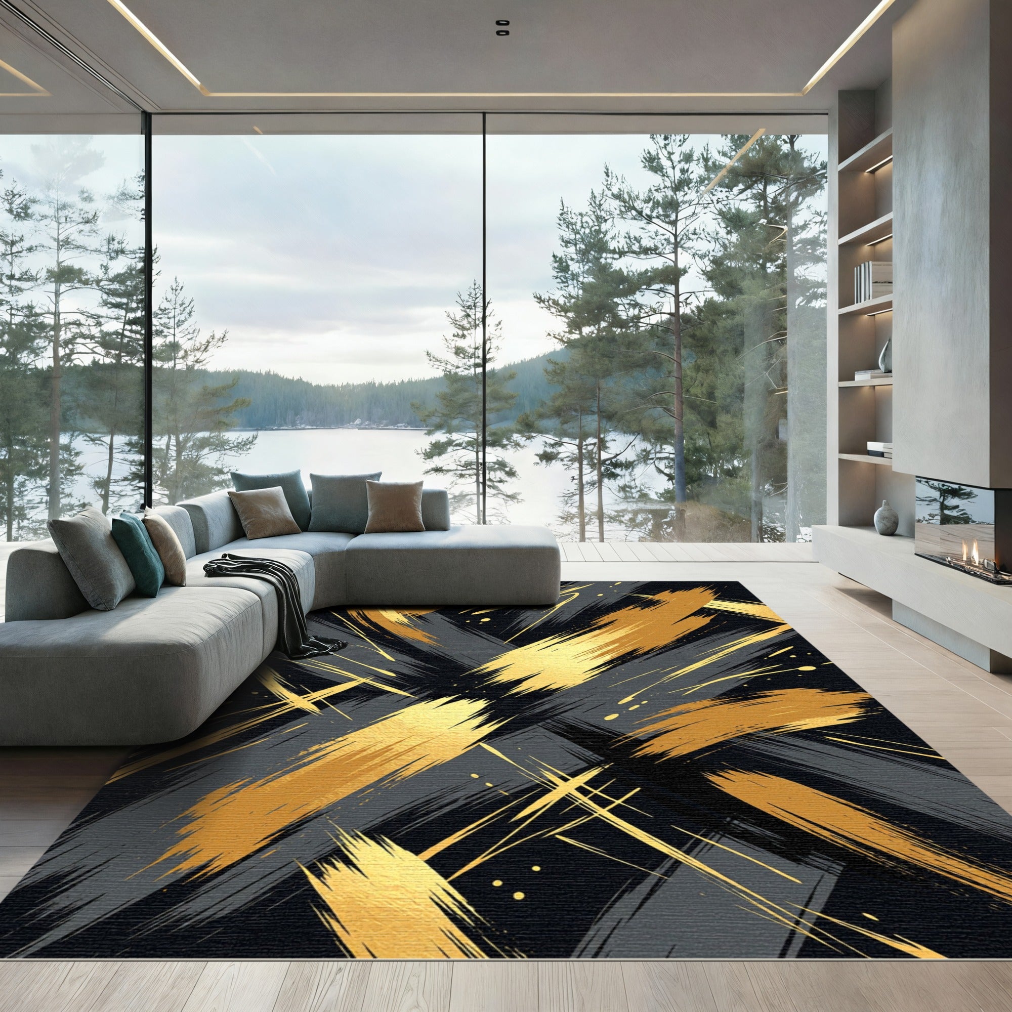 Bold Gold Brushstroke Abstract Rug