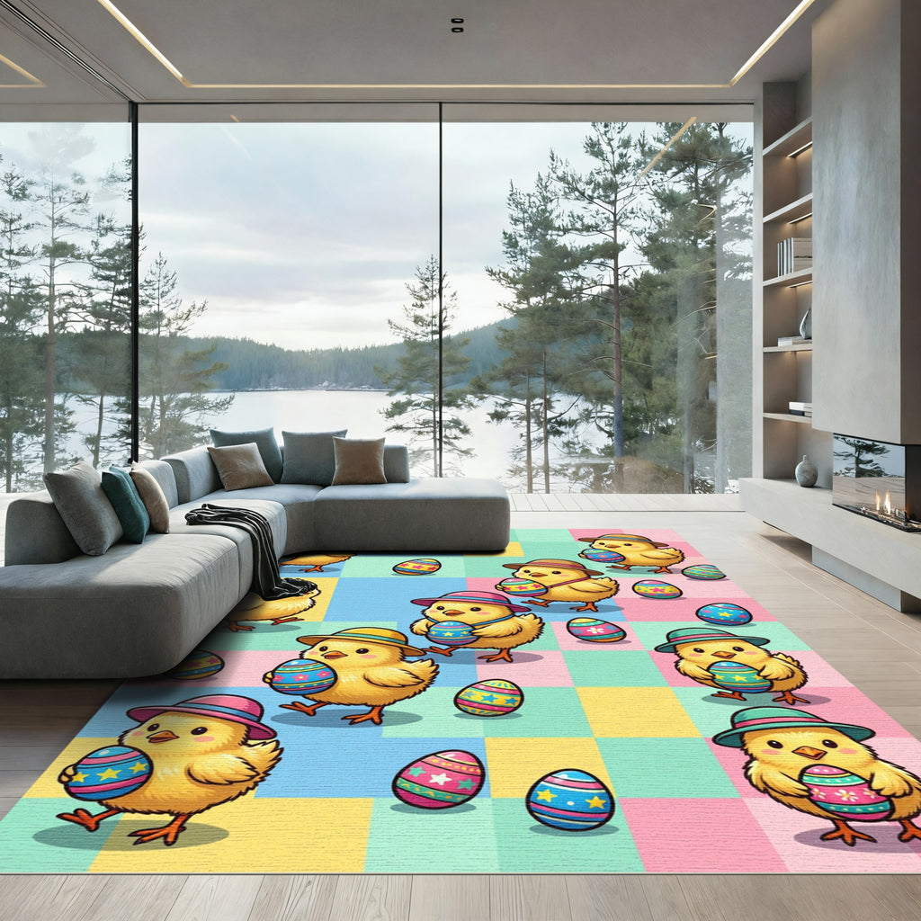 Cheerful Easter Chicks and Pastel Eggs Rug