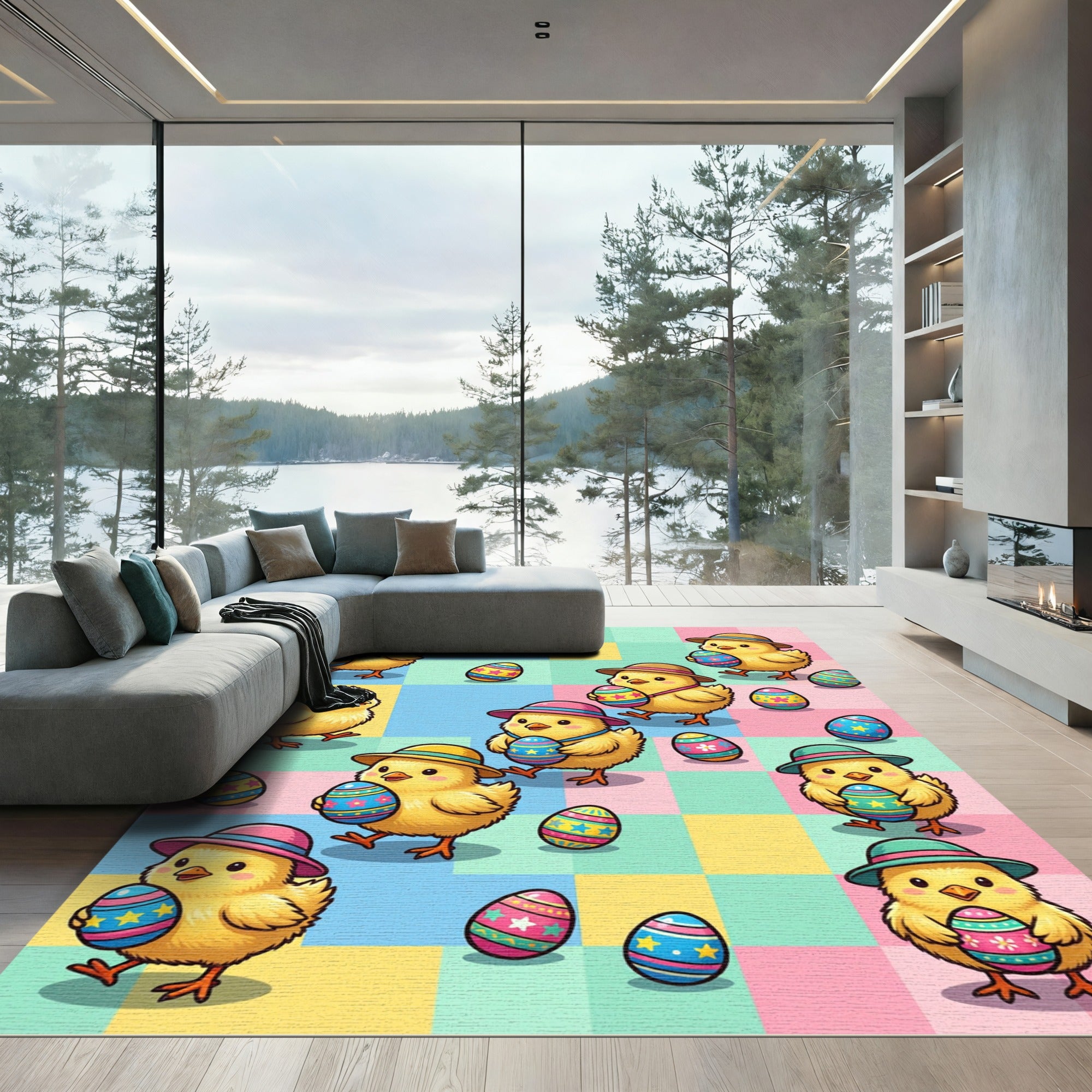 Cheerful Easter Chicks and Pastel Eggs Rug