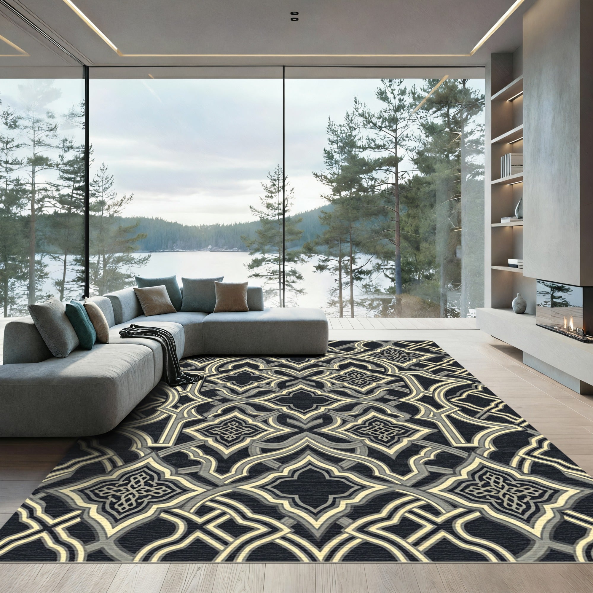 Elegant Charcoal and Cream Interlocking Geometric Lattice Rug